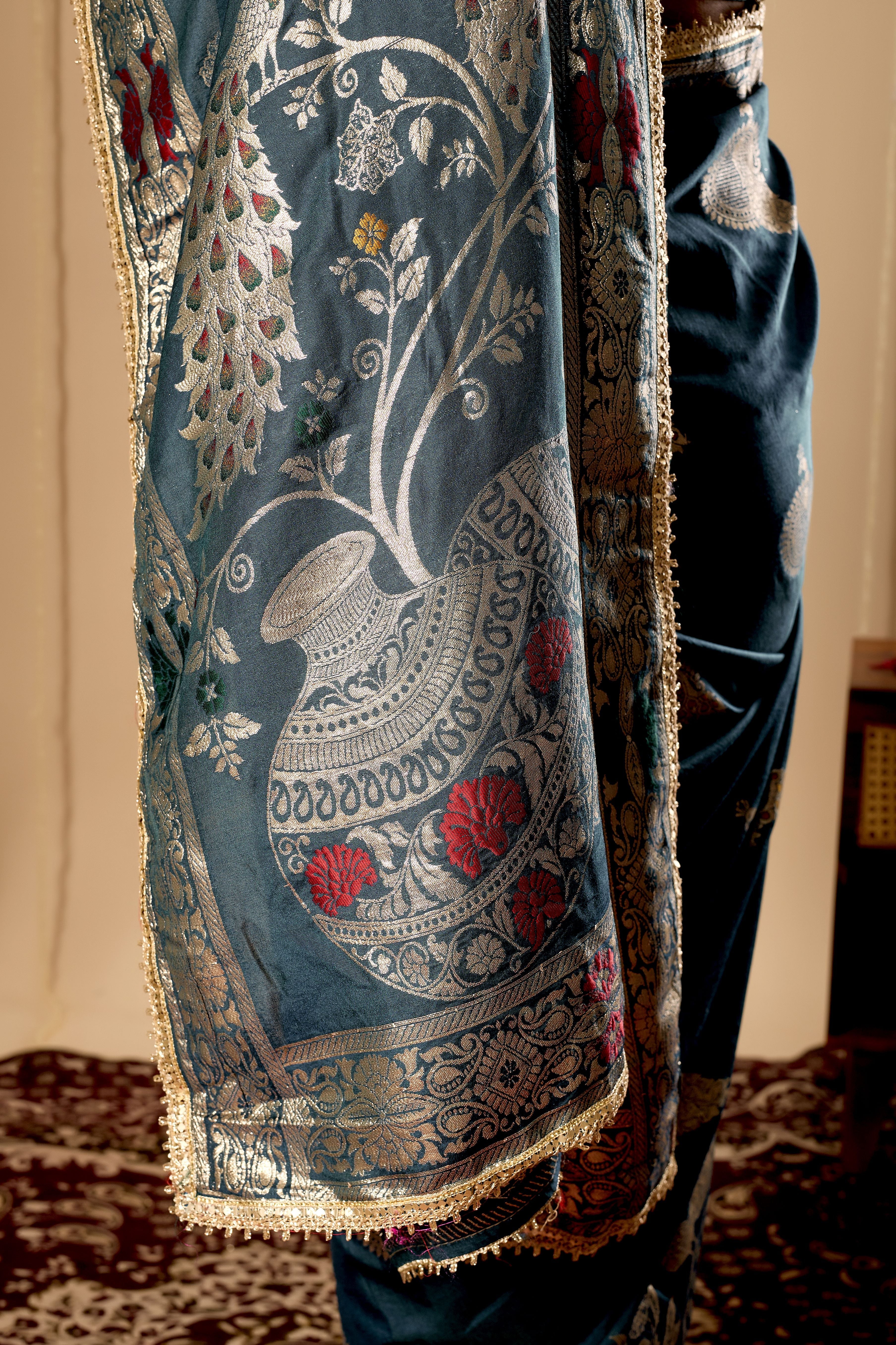 Elegant Teal Blue  Satin  Silk Saree with Silver Zari Motifs and Richly Woven Traditional Pallu