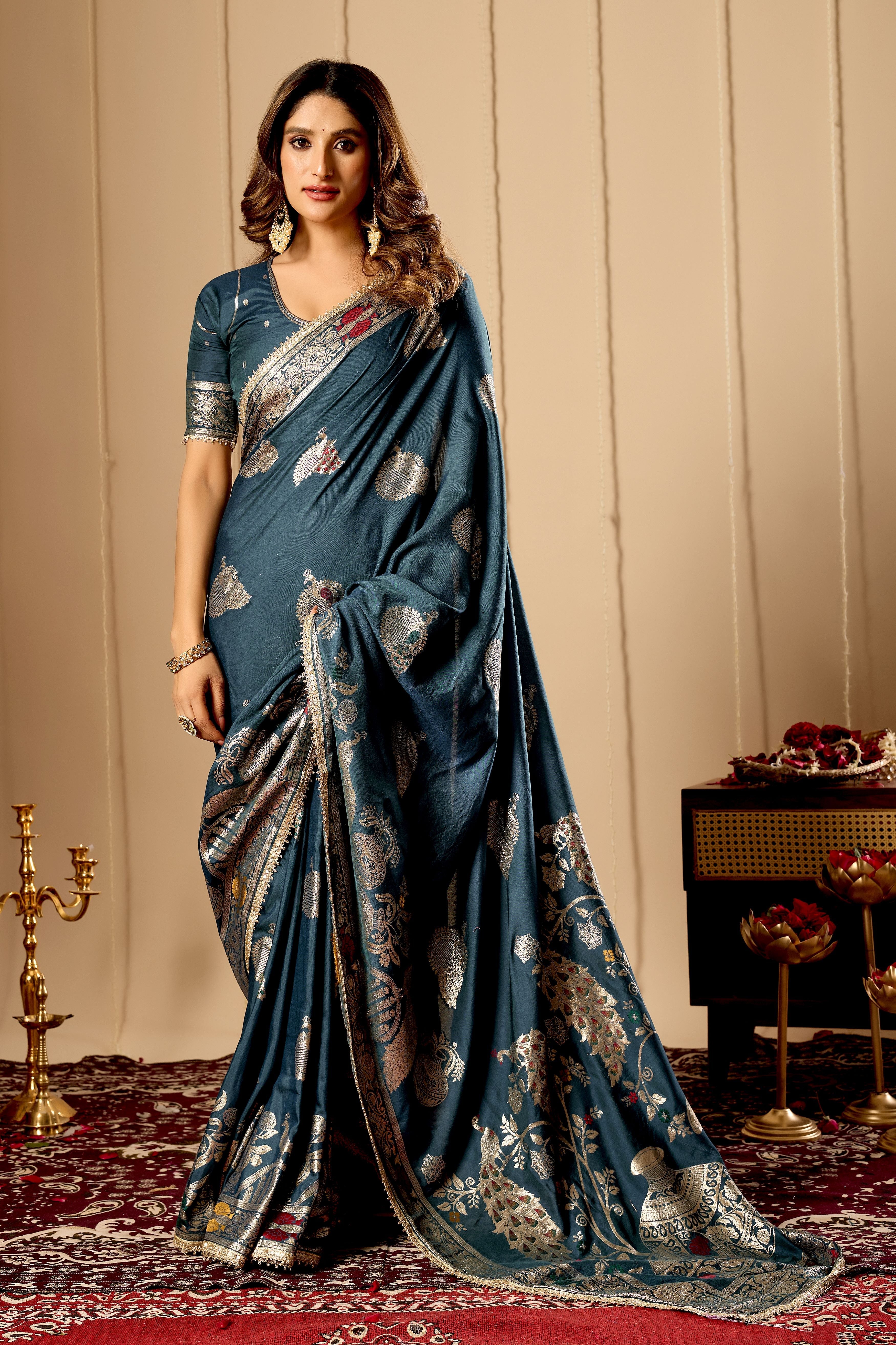 Elegant Teal Blue  Satin  Silk by Icultuer with Silver Zari Motifs and Richly Woven Traditional Pallu