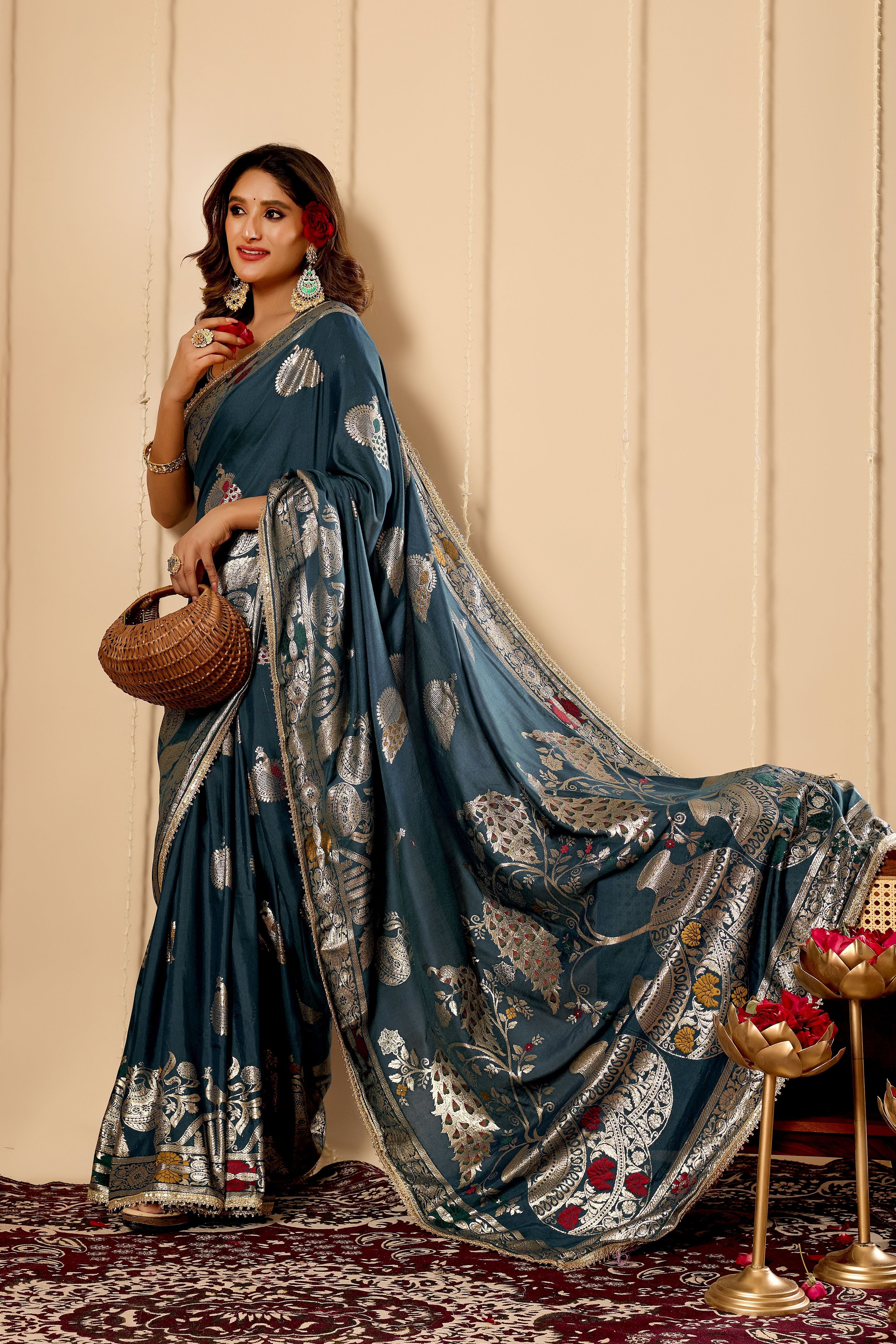 Elegant Teal Blue  Satin  Silk by Icultuer with Silver Zari Motifs and Richly Woven Traditional Pallu