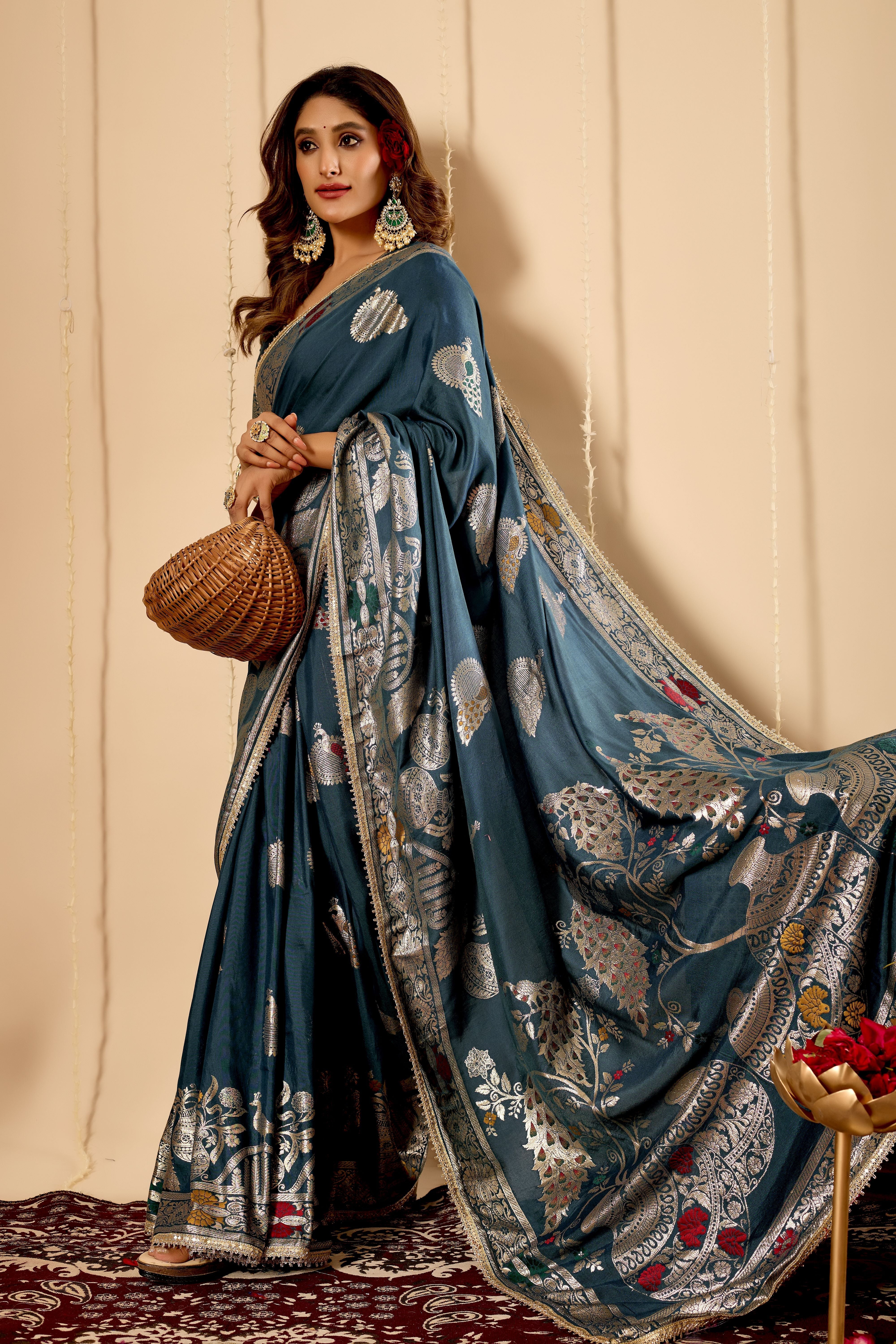 Elegant Teal Blue  Satin  Silk by Icultuer with Silver Zari Motifs and Richly Woven Traditional Pallu