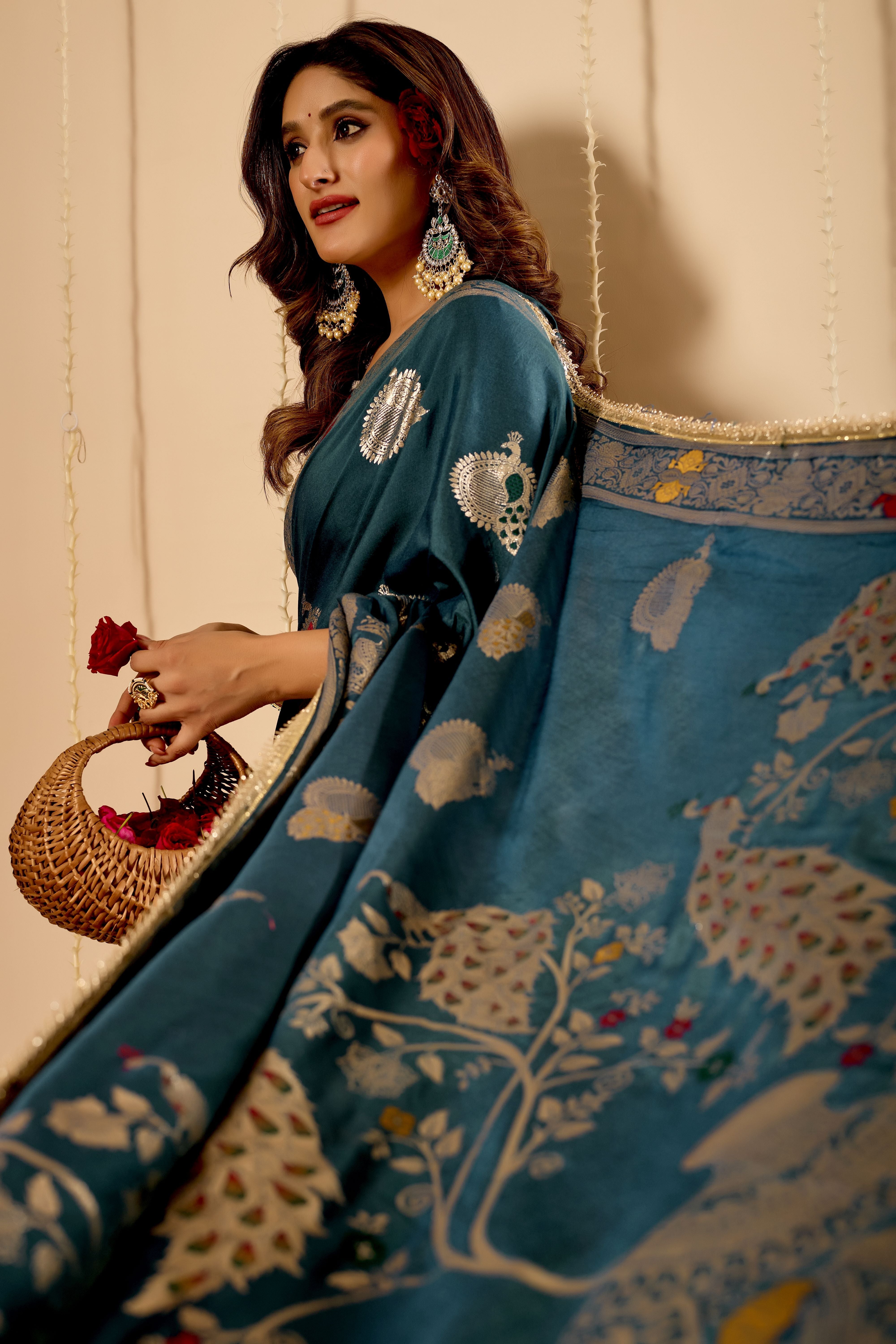 Elegant Teal Blue  Satin  Silk by Icultuer with Silver Zari Motifs and Richly Woven Traditional Pallu