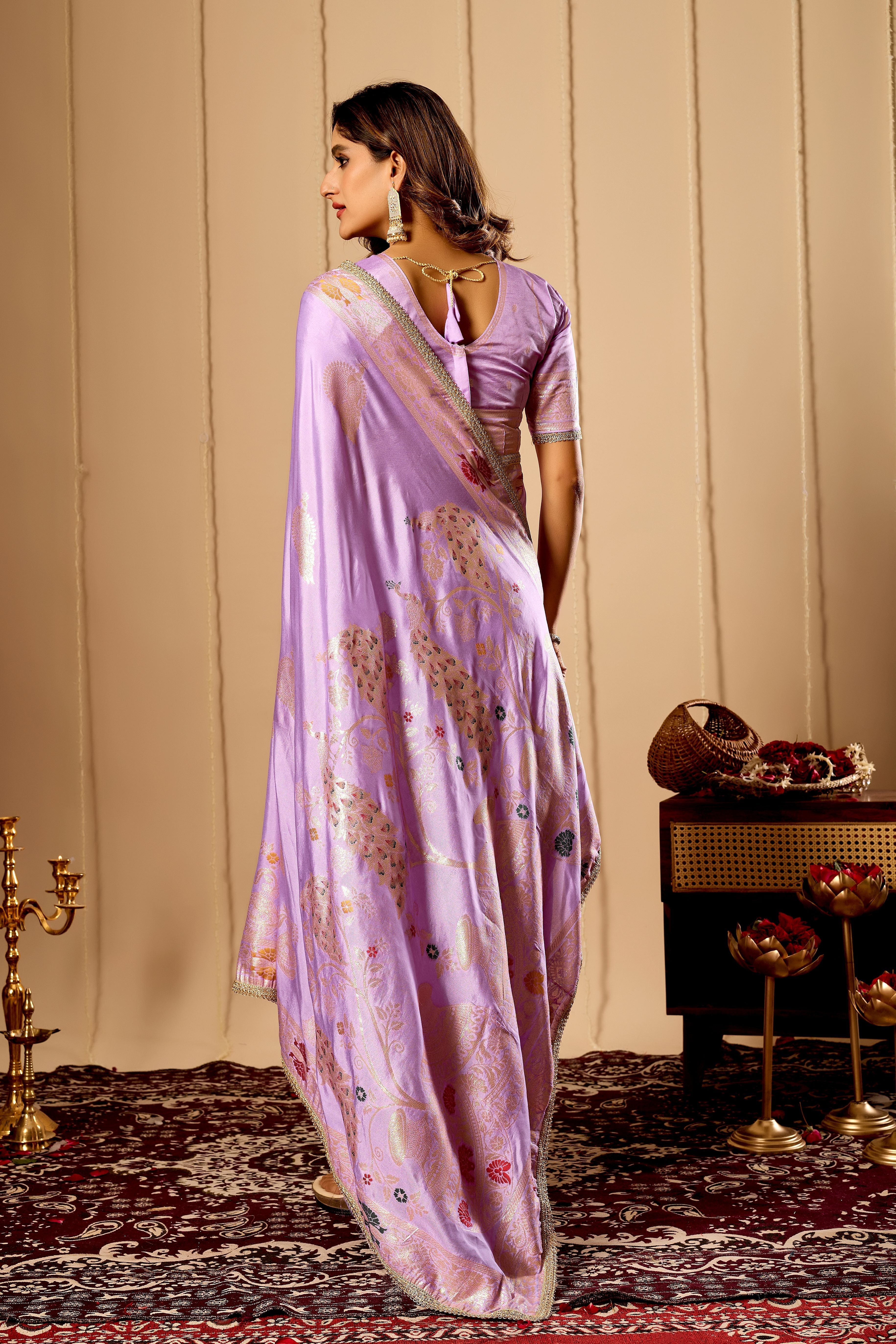 Lavender Royale Satin Silk by Icultuer with Antique Gold Zari Weaving