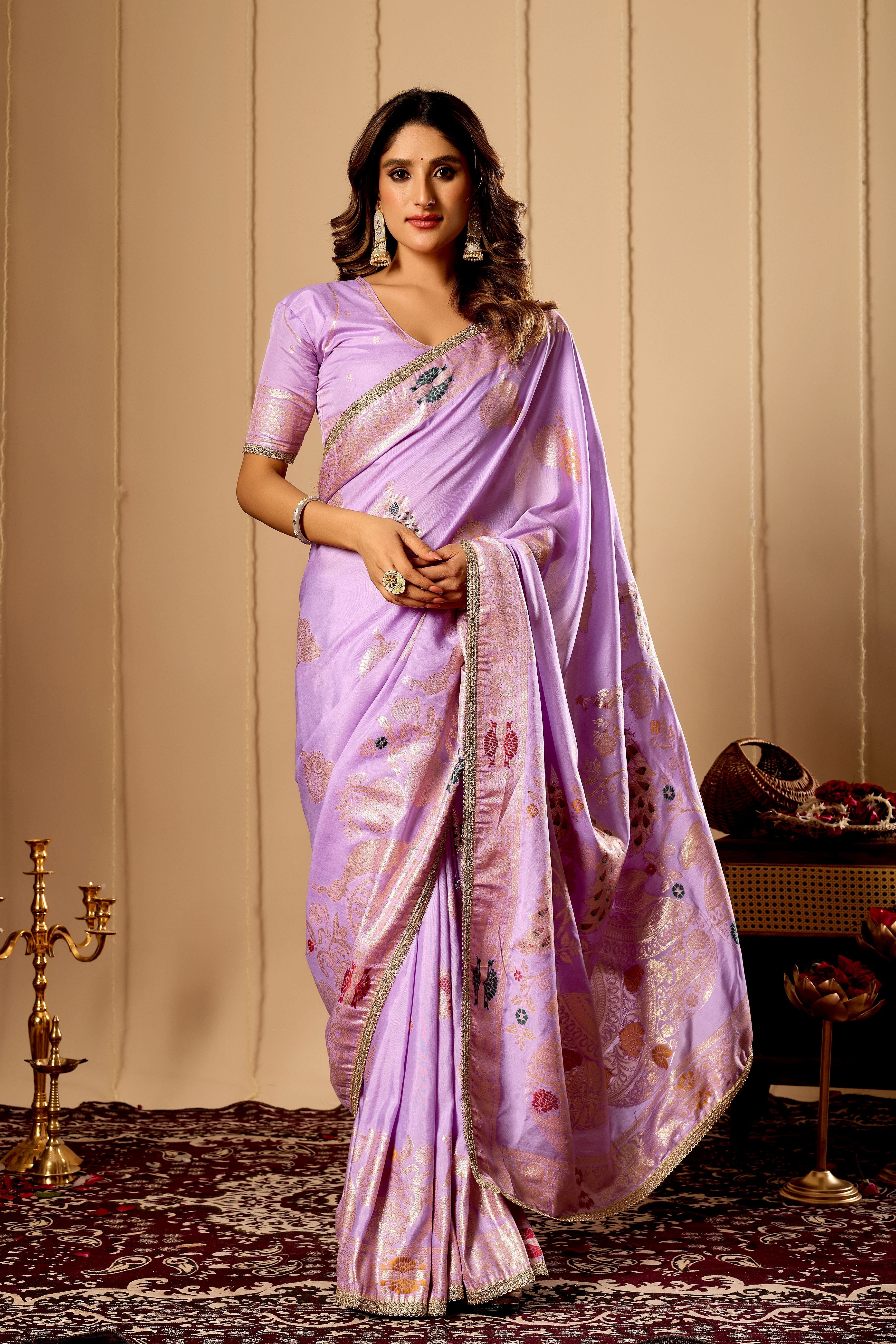 Lavender Royale Satin Silk by Icultuer with Antique Gold Zari Weaving
