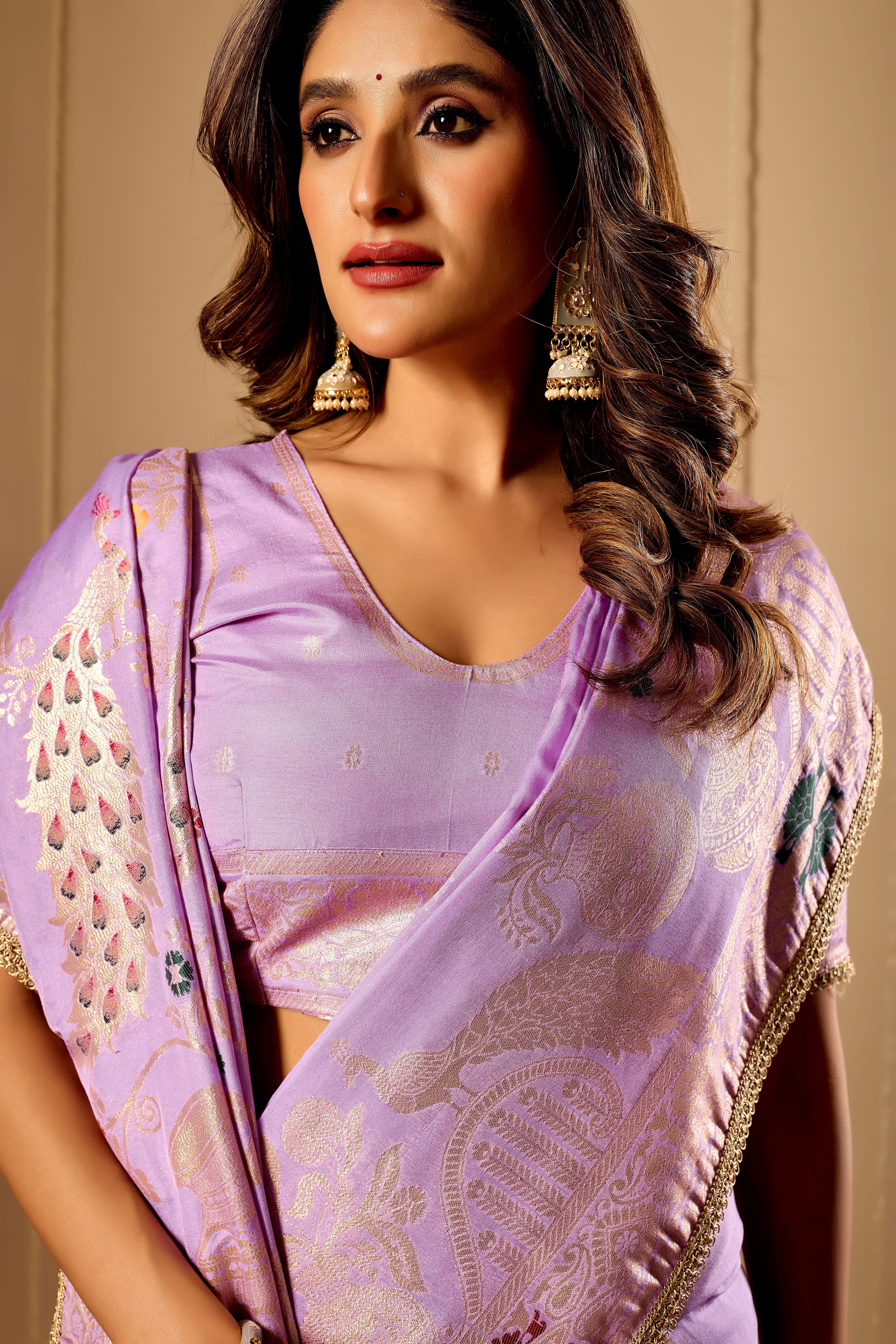 Lavender Royale Satin Silk by Icultuer with Antique Gold Zari Weaving