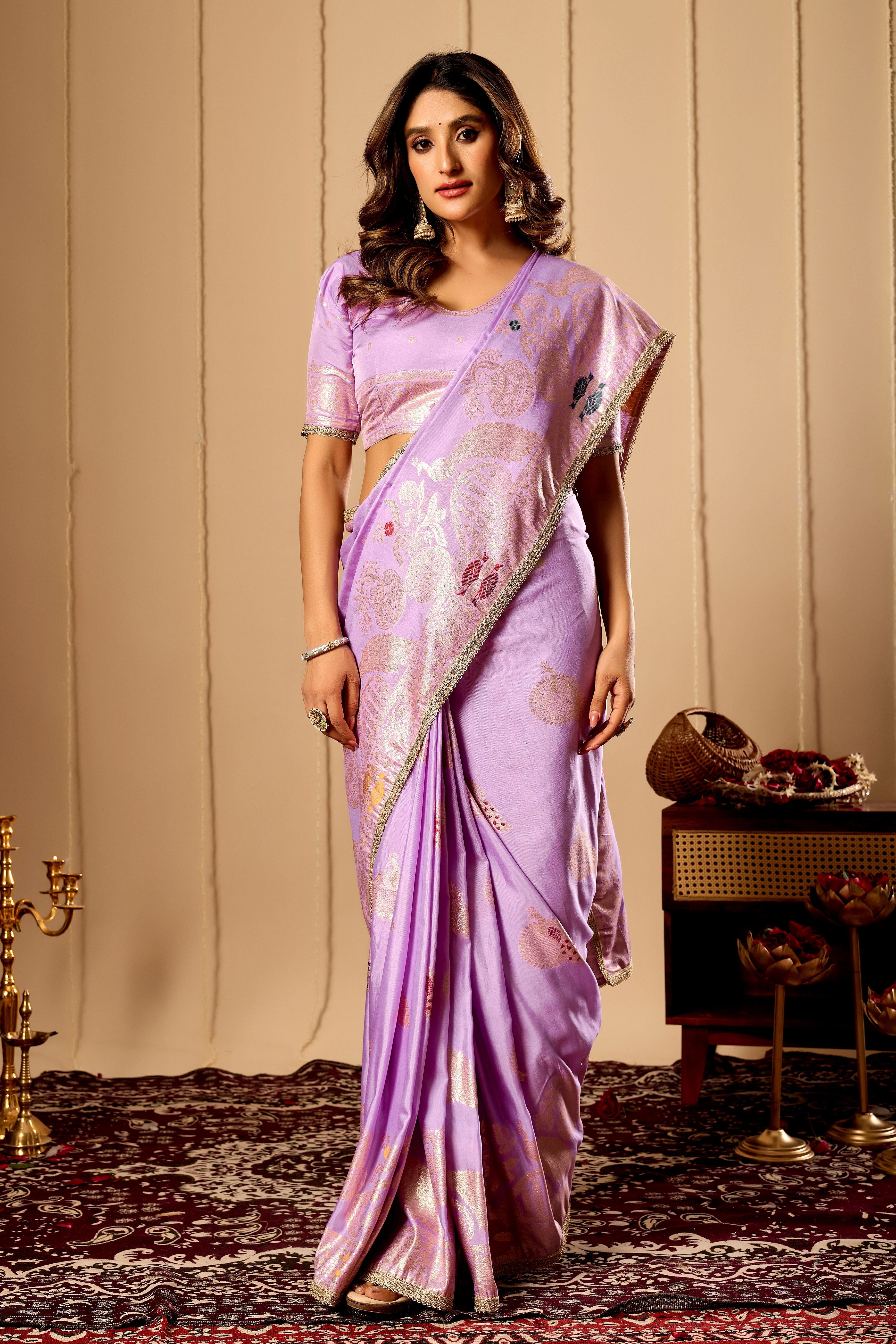 Lavender Royale Satin Silk by Icultuer with Antique Gold Zari Weaving