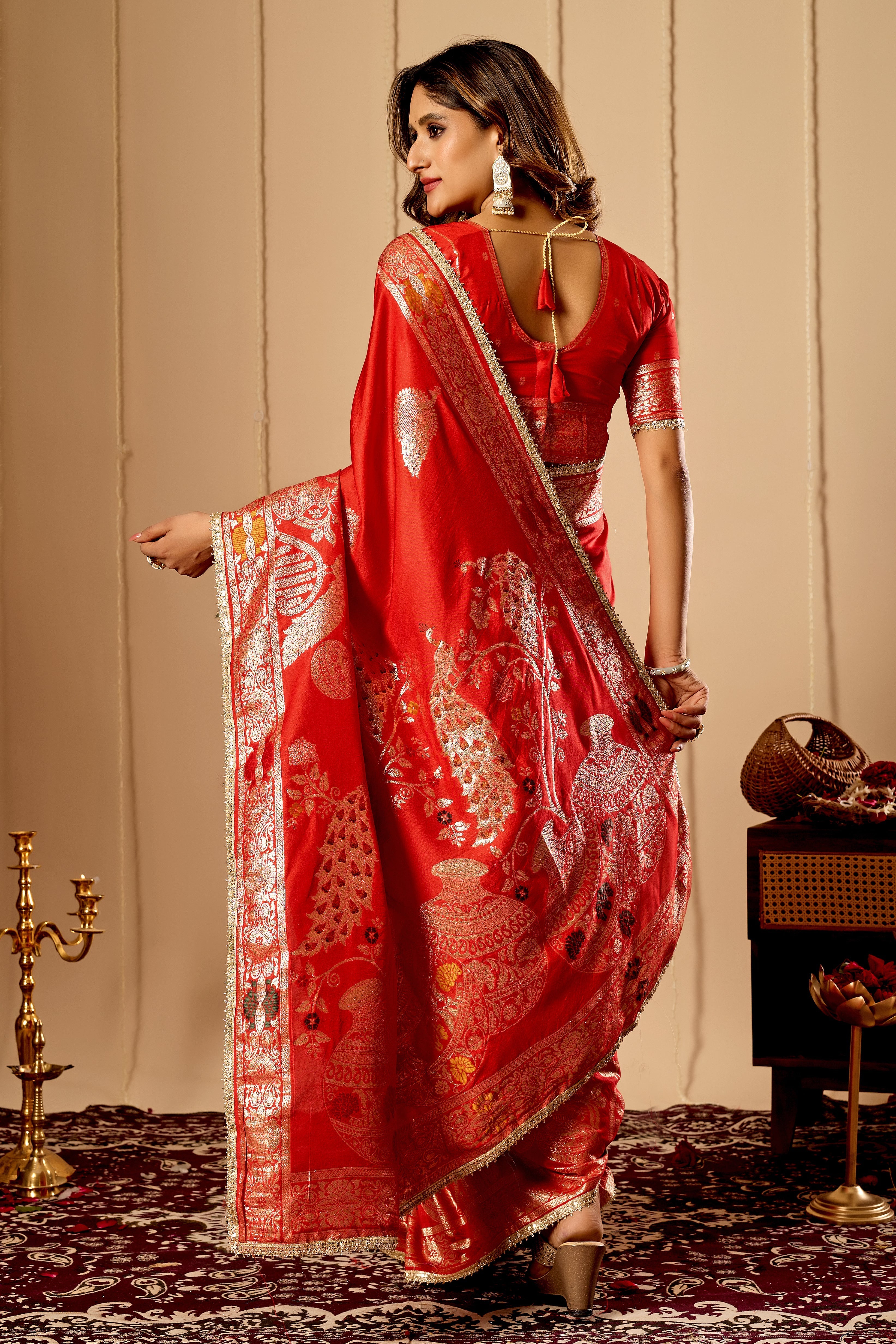 Classic Crimson Red satin Silk by Icultuer with Antique Gold Zari Weaving