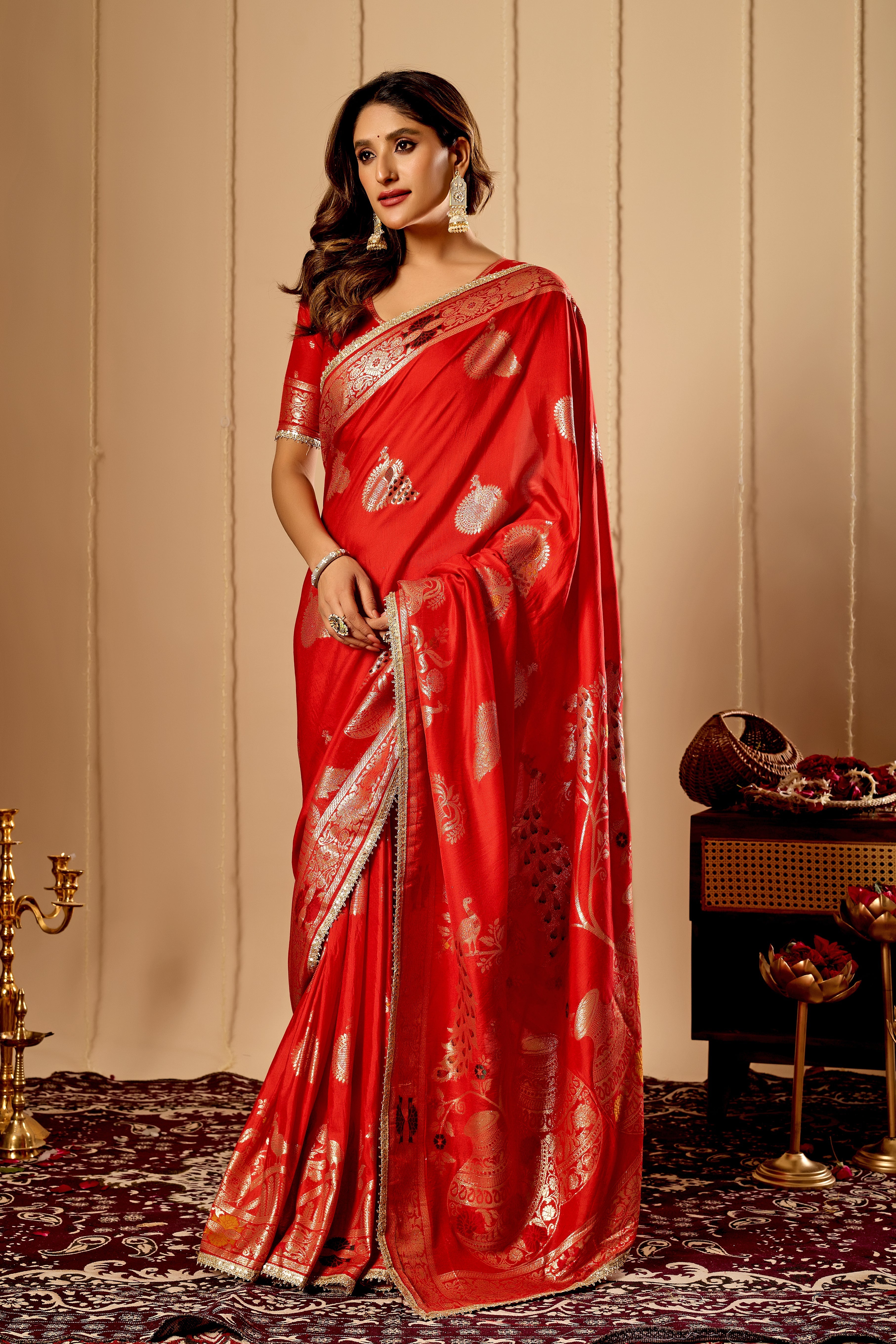 Classic Crimson Red satin Silk by Icultuer with Antique Gold Zari Weaving