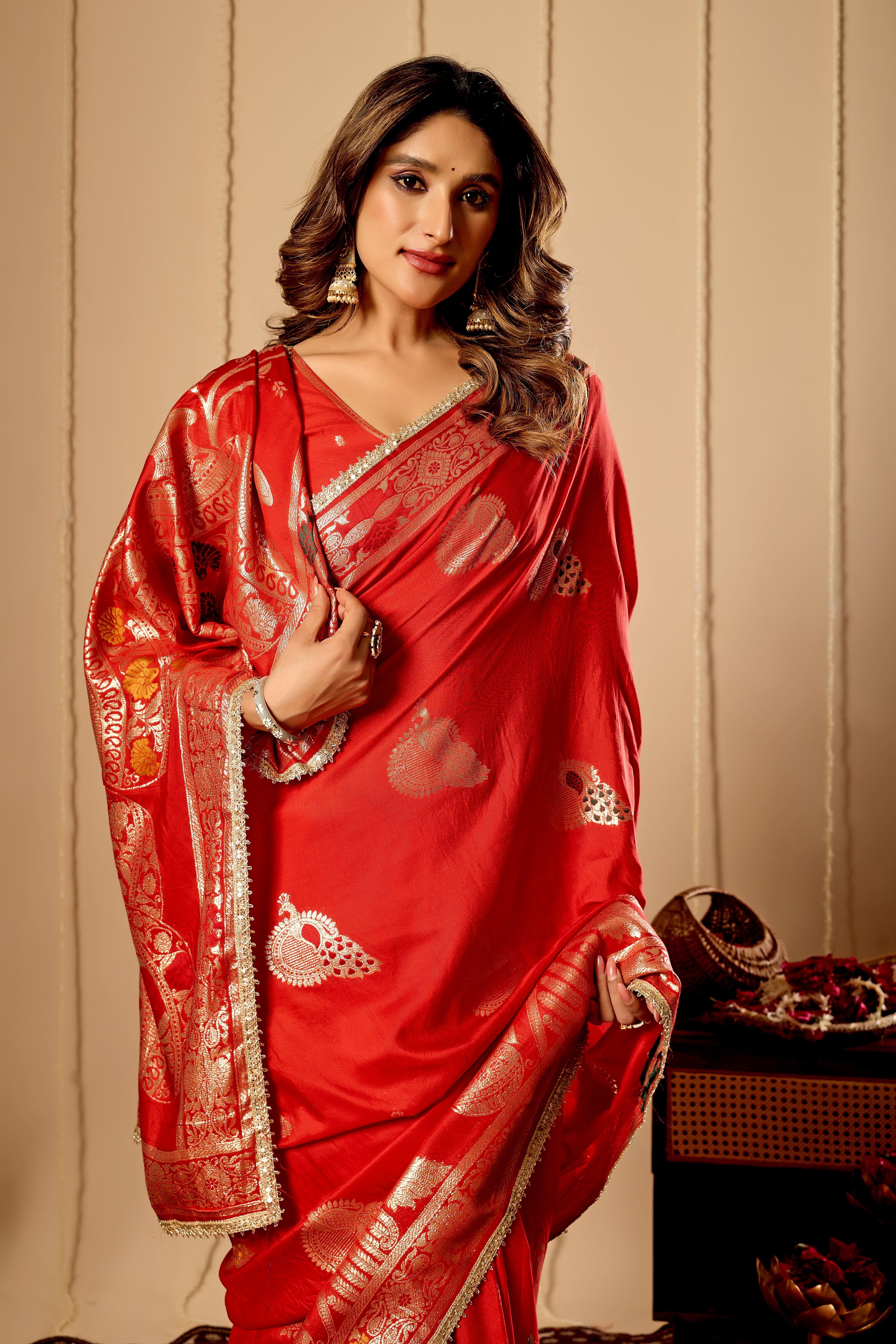 Classic Crimson Red satin Silk by Icultuer with Antique Gold Zari Weaving