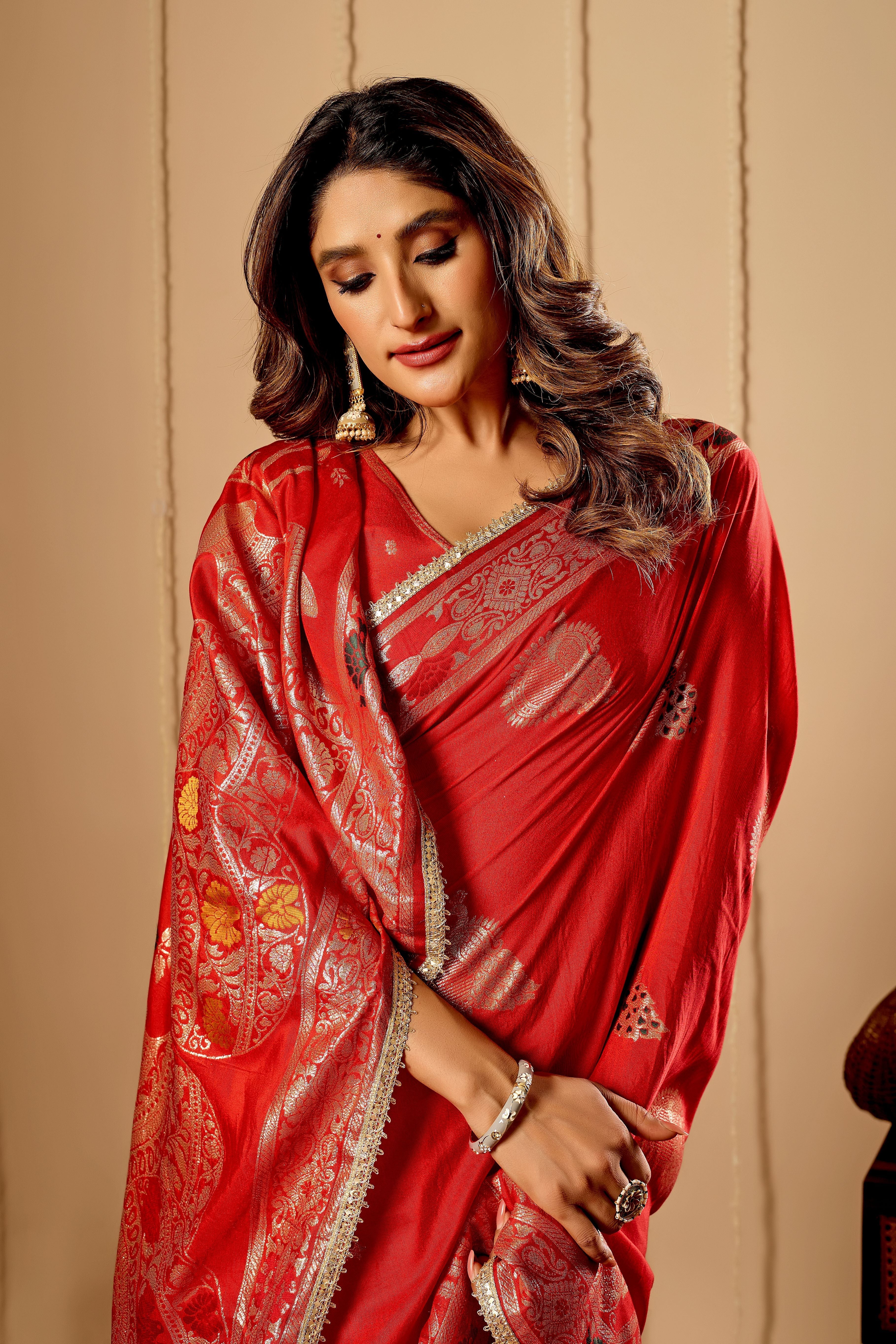 Classic Crimson Red satin Silk by Icultuer with Antique Gold Zari Weaving