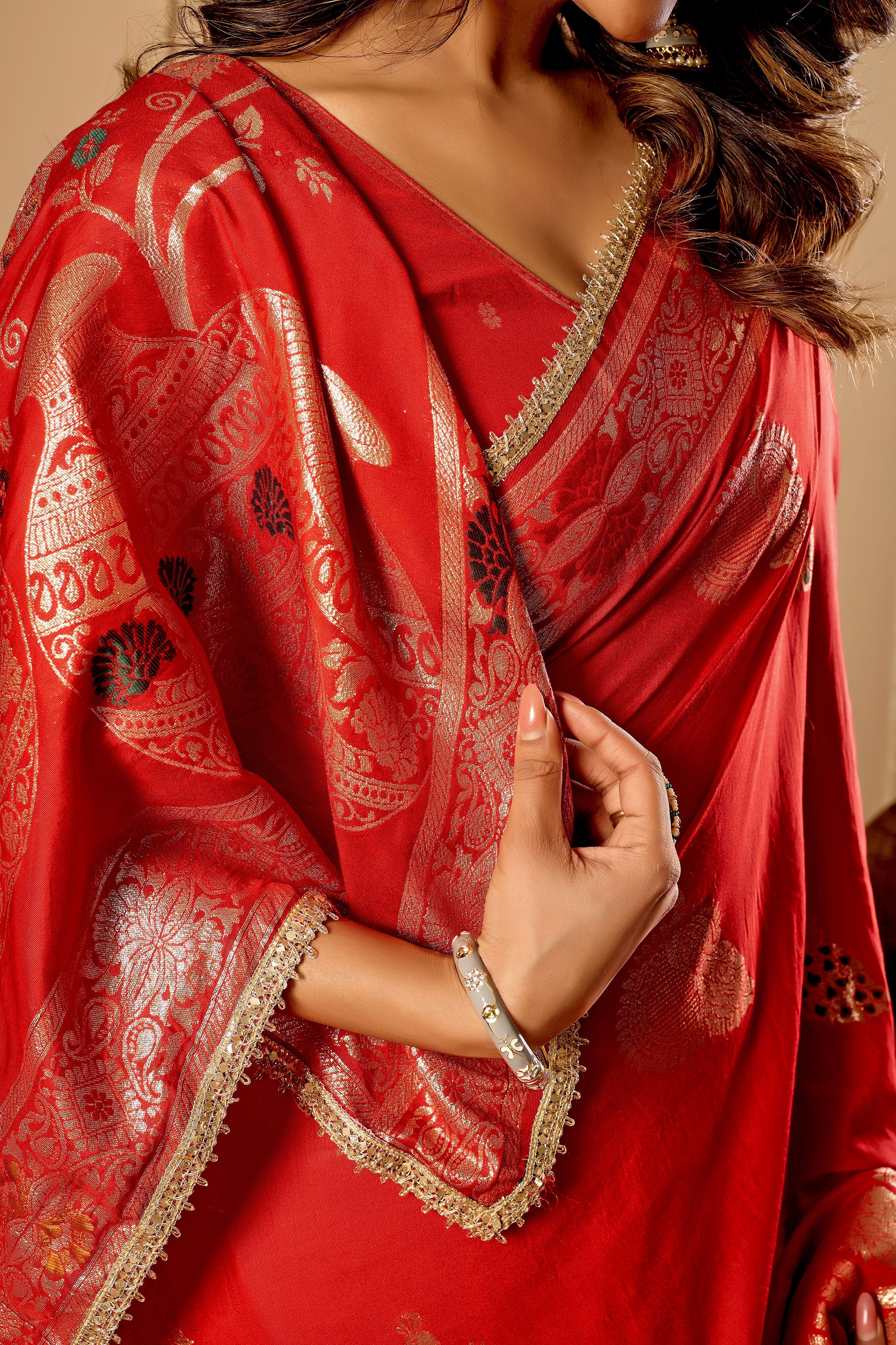 Classic Crimson Red satin Silk by Icultuer with Antique Gold Zari Weaving