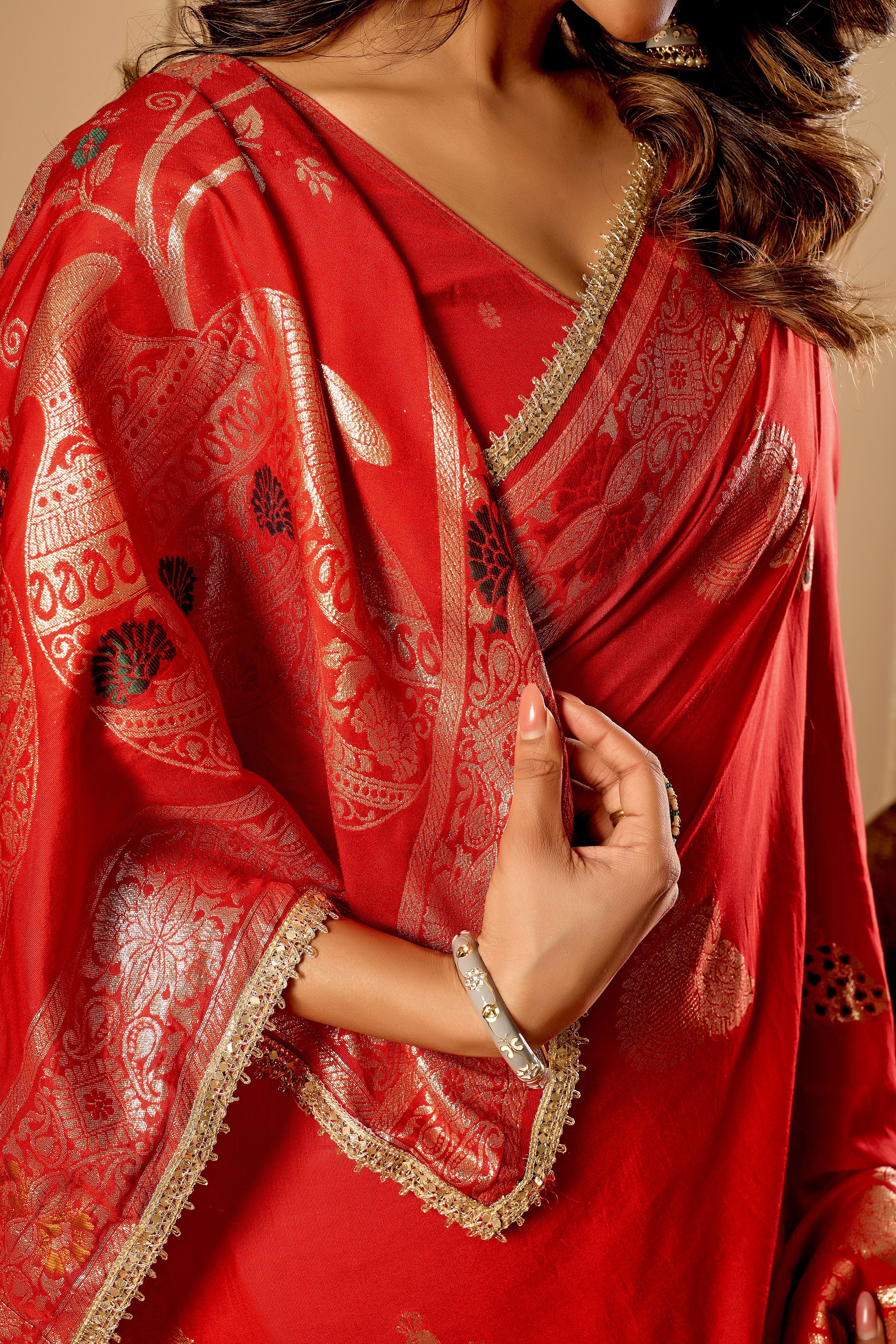 Classic Crimson Red satin Silk Saree with Antique Gold Zari Weaving