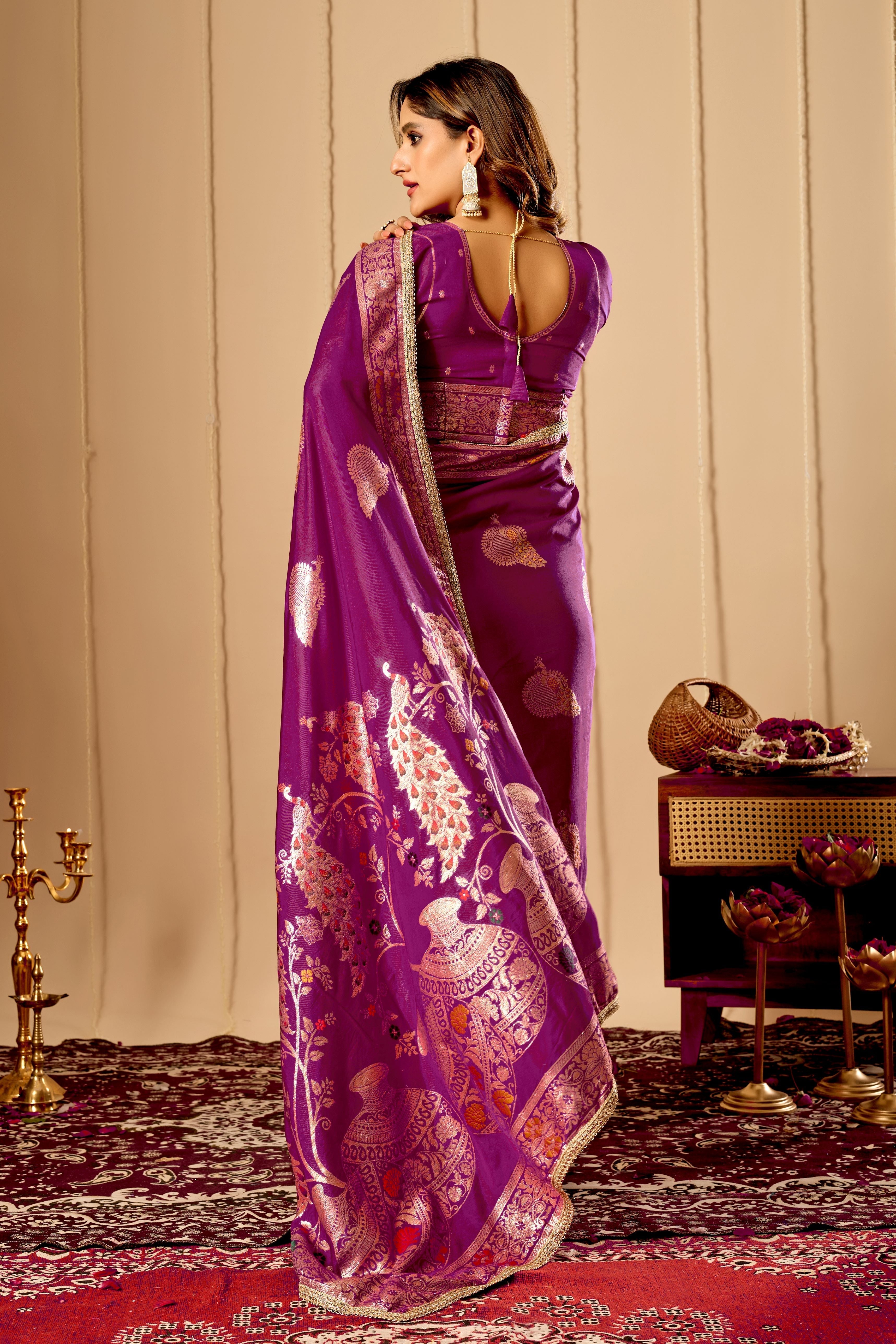 Royal Wine Purple satin Silk by Icultuer with Antique Gold & Crimson Zari Motifs