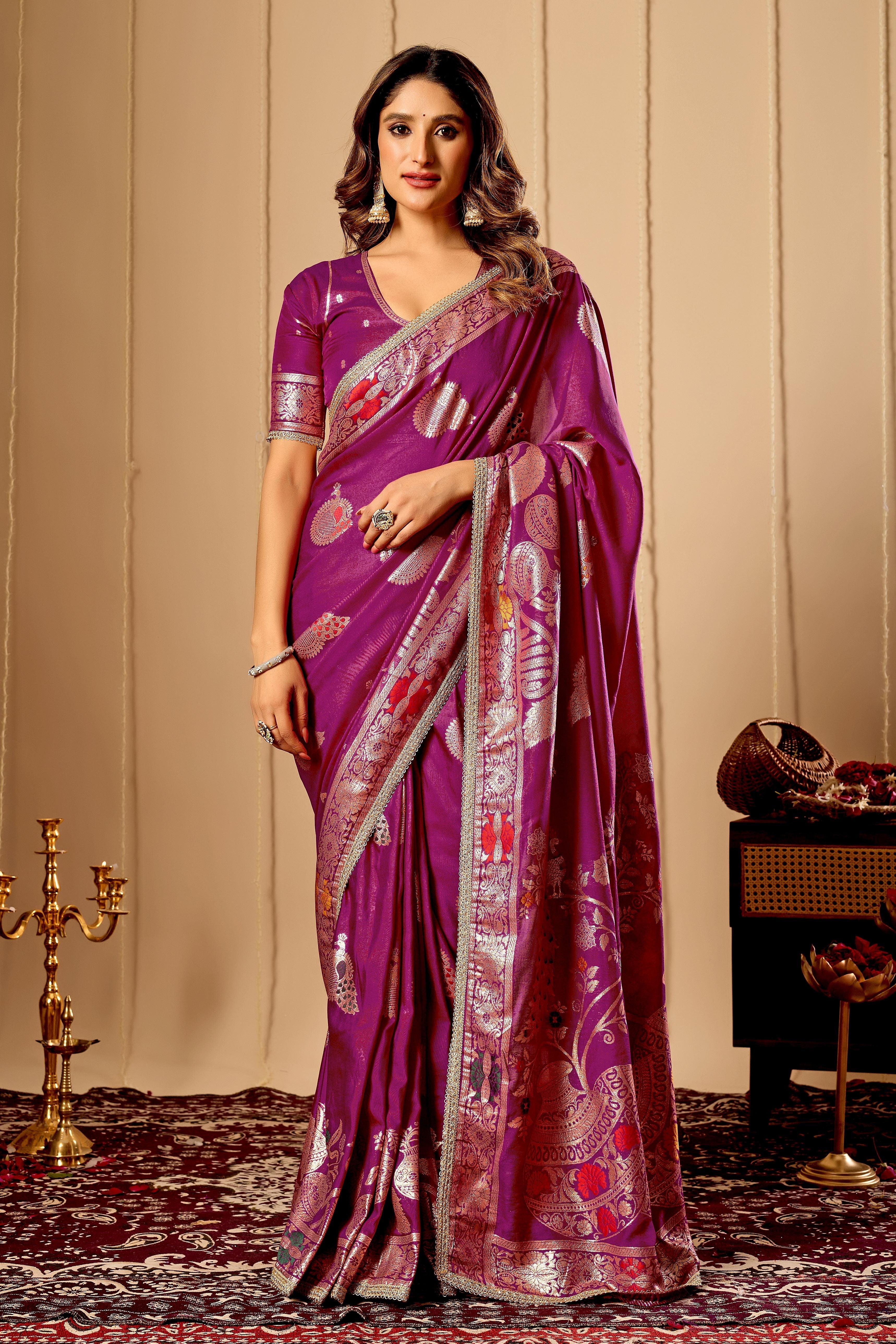Royal Wine Purple satin Silk by Icultuer with Antique Gold & Crimson Zari Motifs
