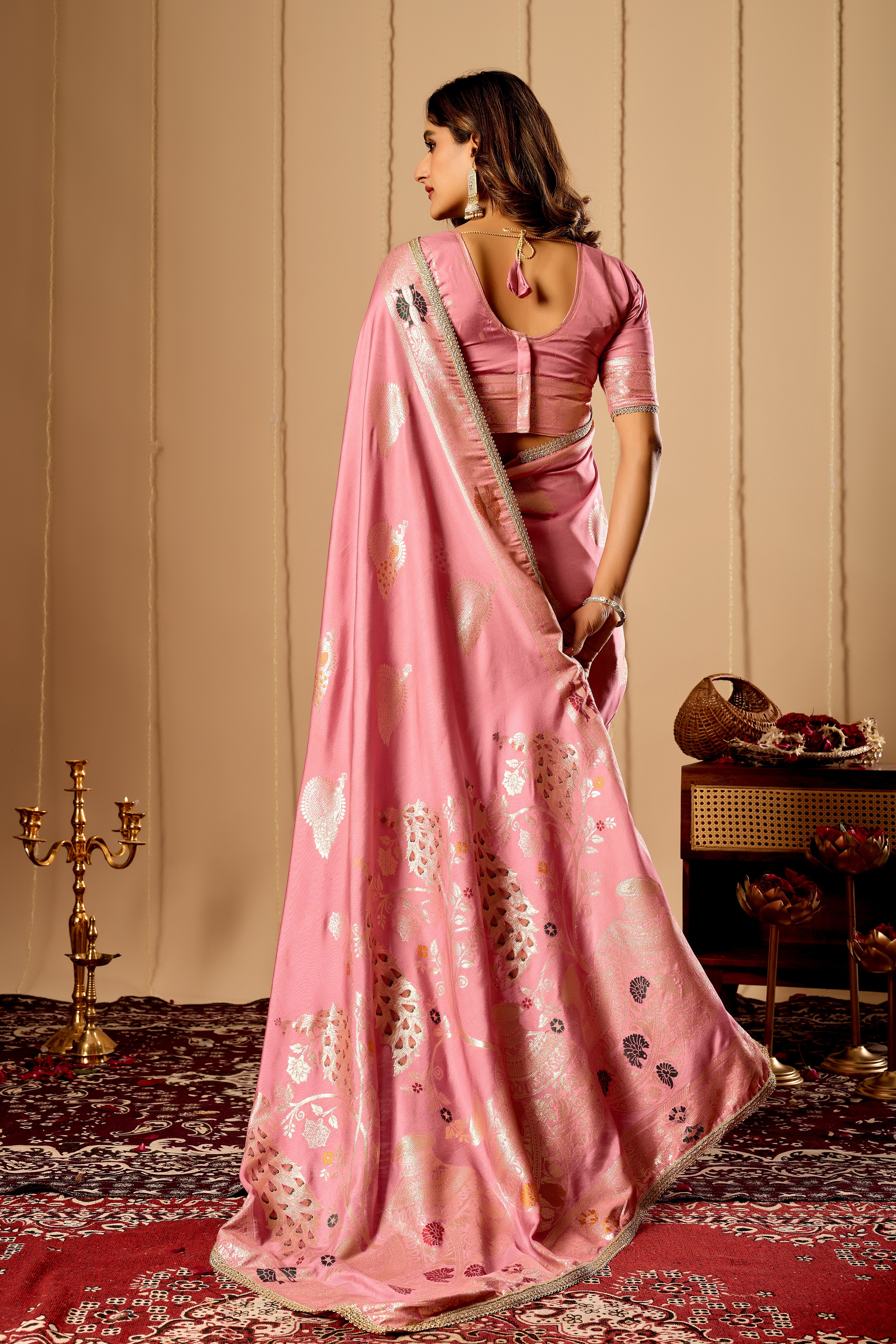 Soft Blush Pink  Satin Silk by Icultuer with Antique Gold Zari Motifs