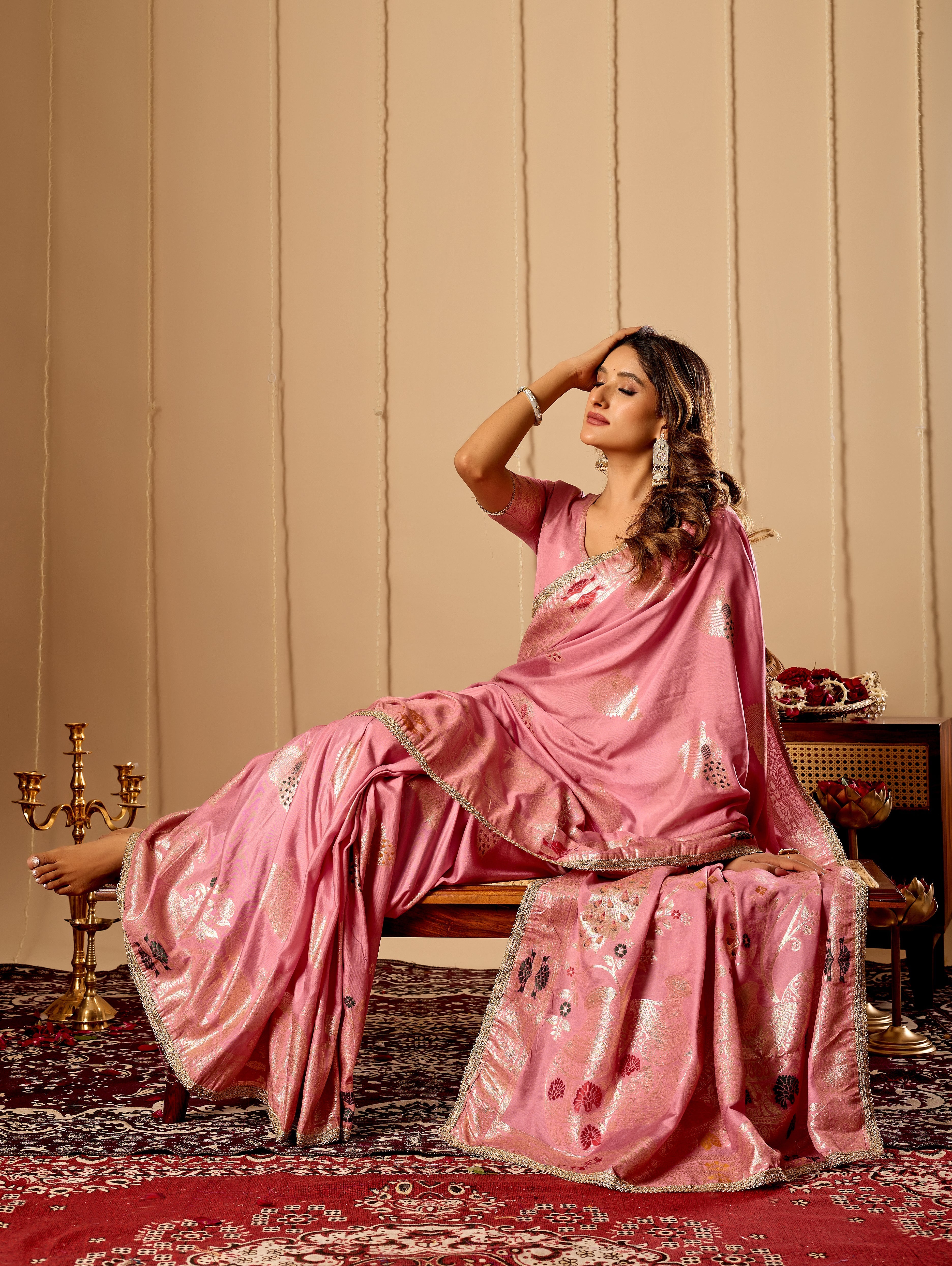 Soft Blush Pink  Satin Silk by Icultuer with Antique Gold Zari Motifs