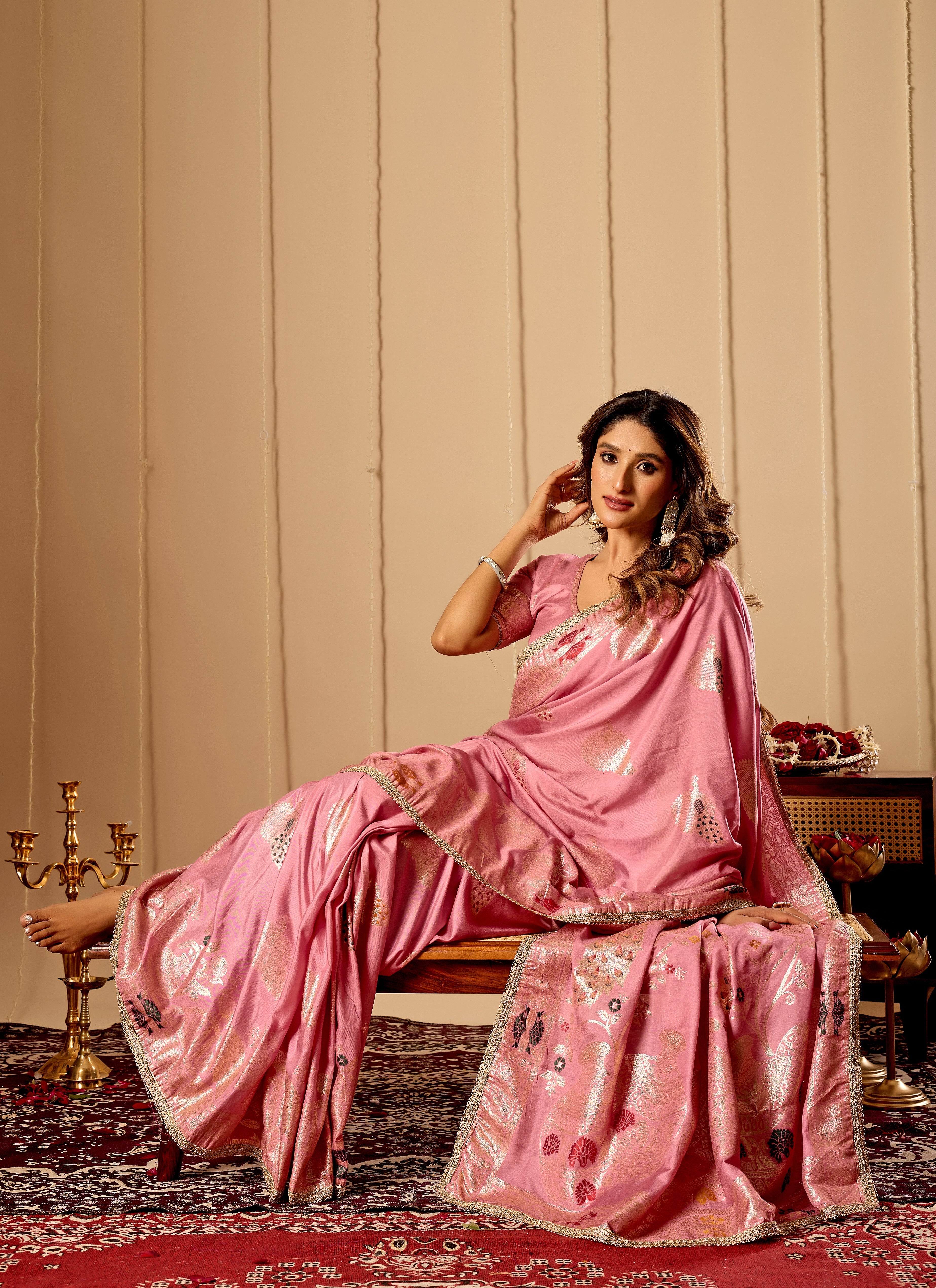 Soft Blush Pink  Satin Silk by Icultuer with Antique Gold Zari Motifs