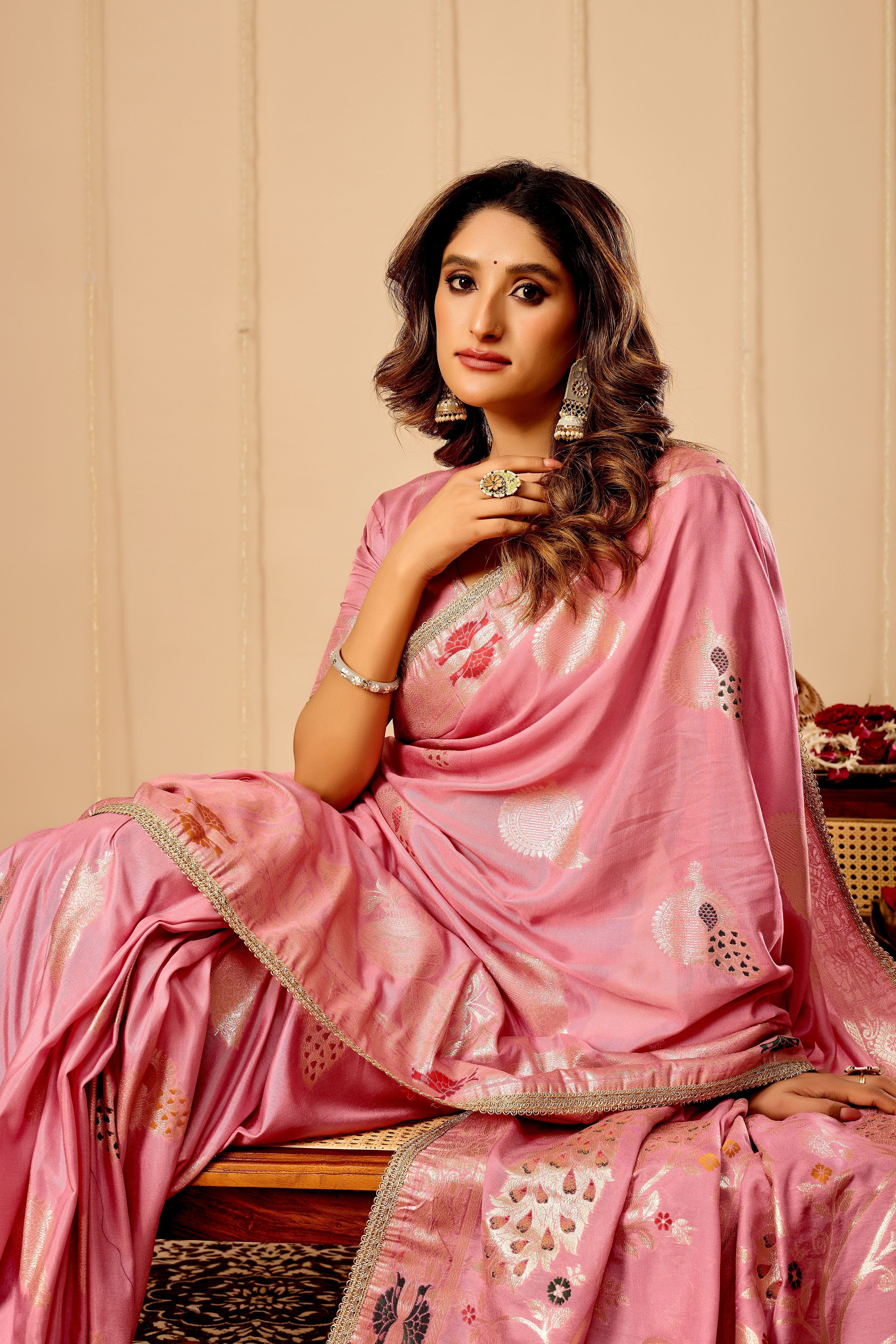 Soft Blush Pink  Satin Silk by Icultuer with Antique Gold Zari Motifs