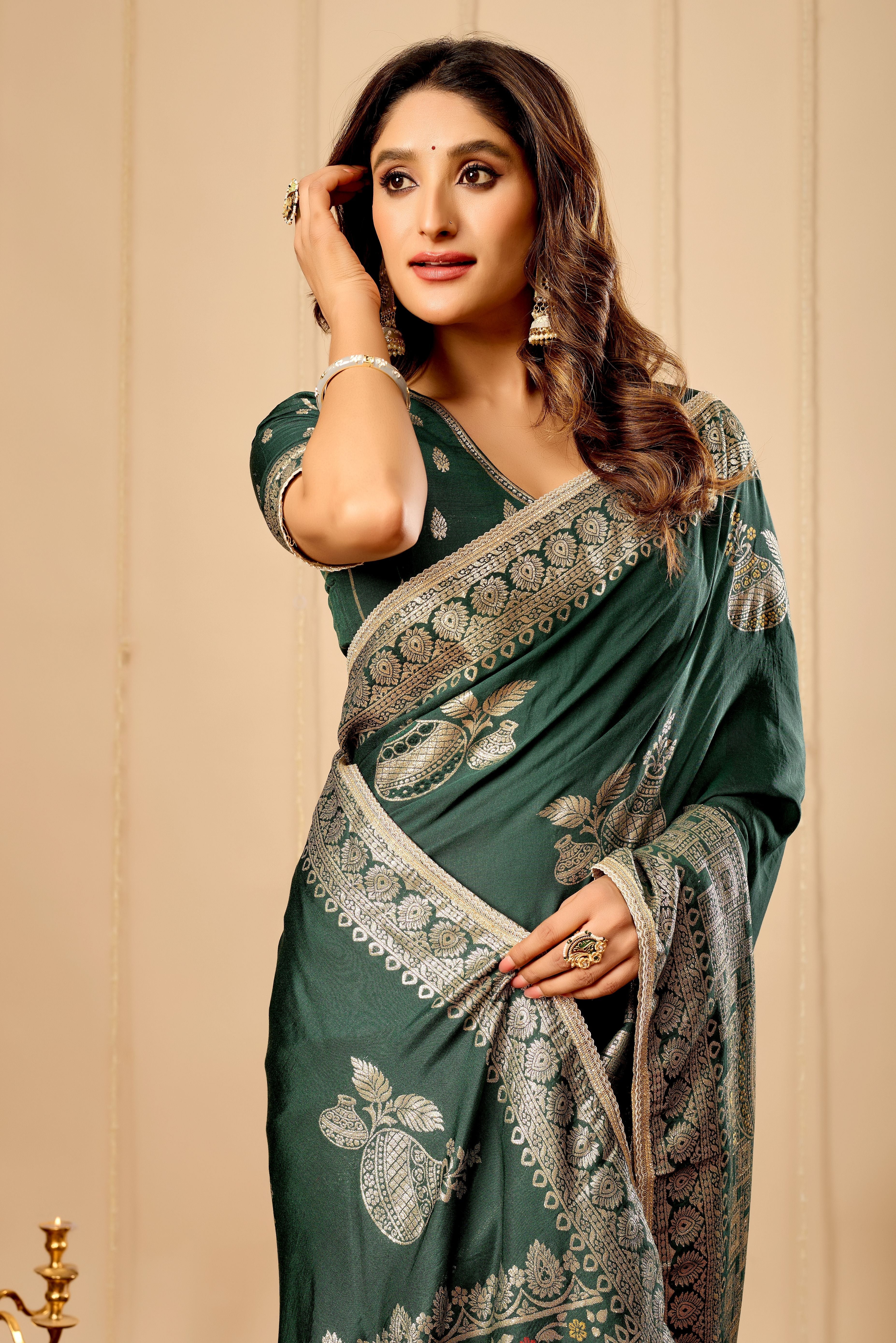Royal Bottle Green  Silk by Icultuer Featuring Intricate Gold Zari Work, Broad Heritage Border and Luxurious Heavy Pallu for Weddings & Festive Wear