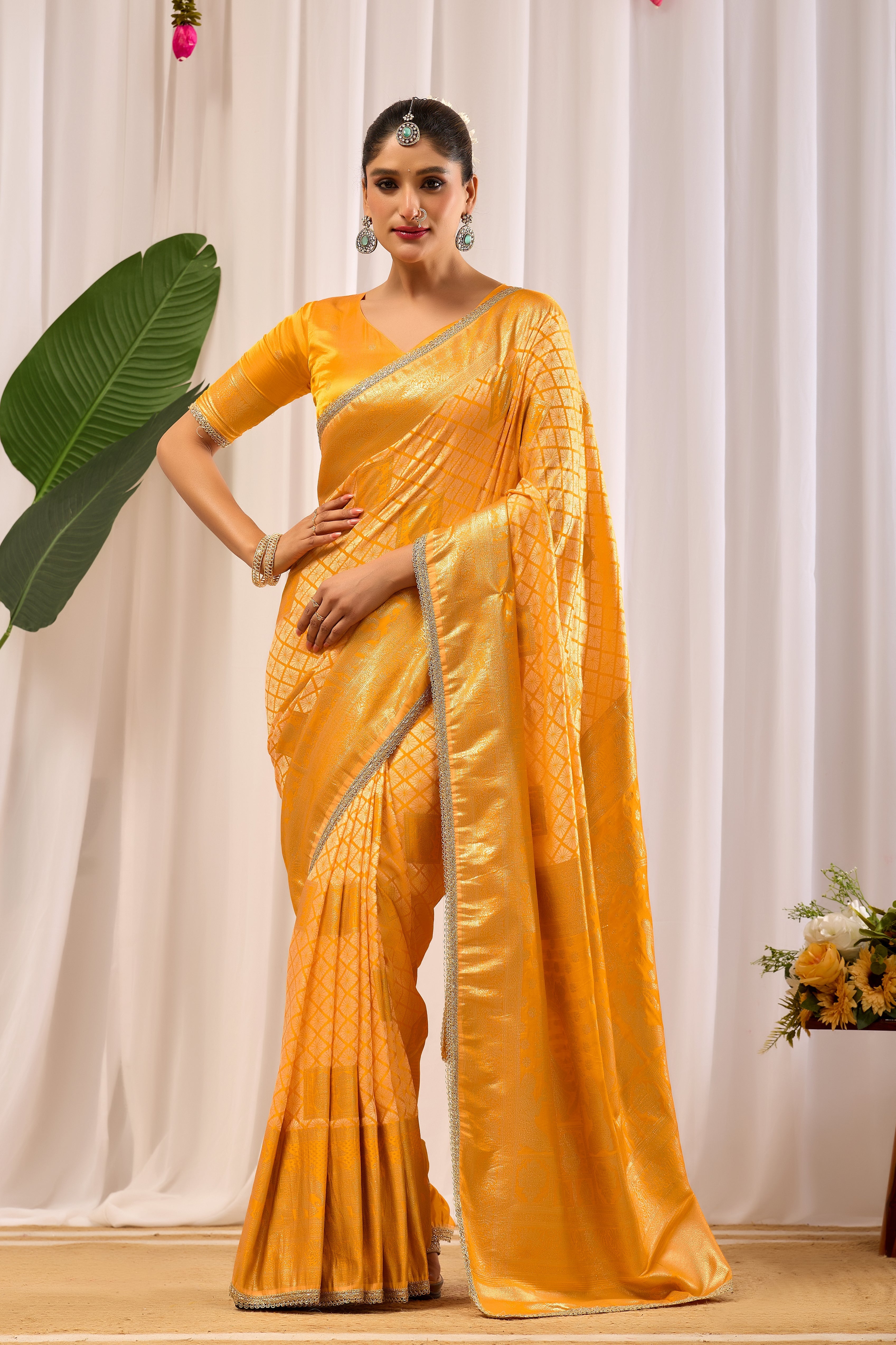 Golden Marigold Satin Silk by Icultuer with Subtle Zari Check Weave