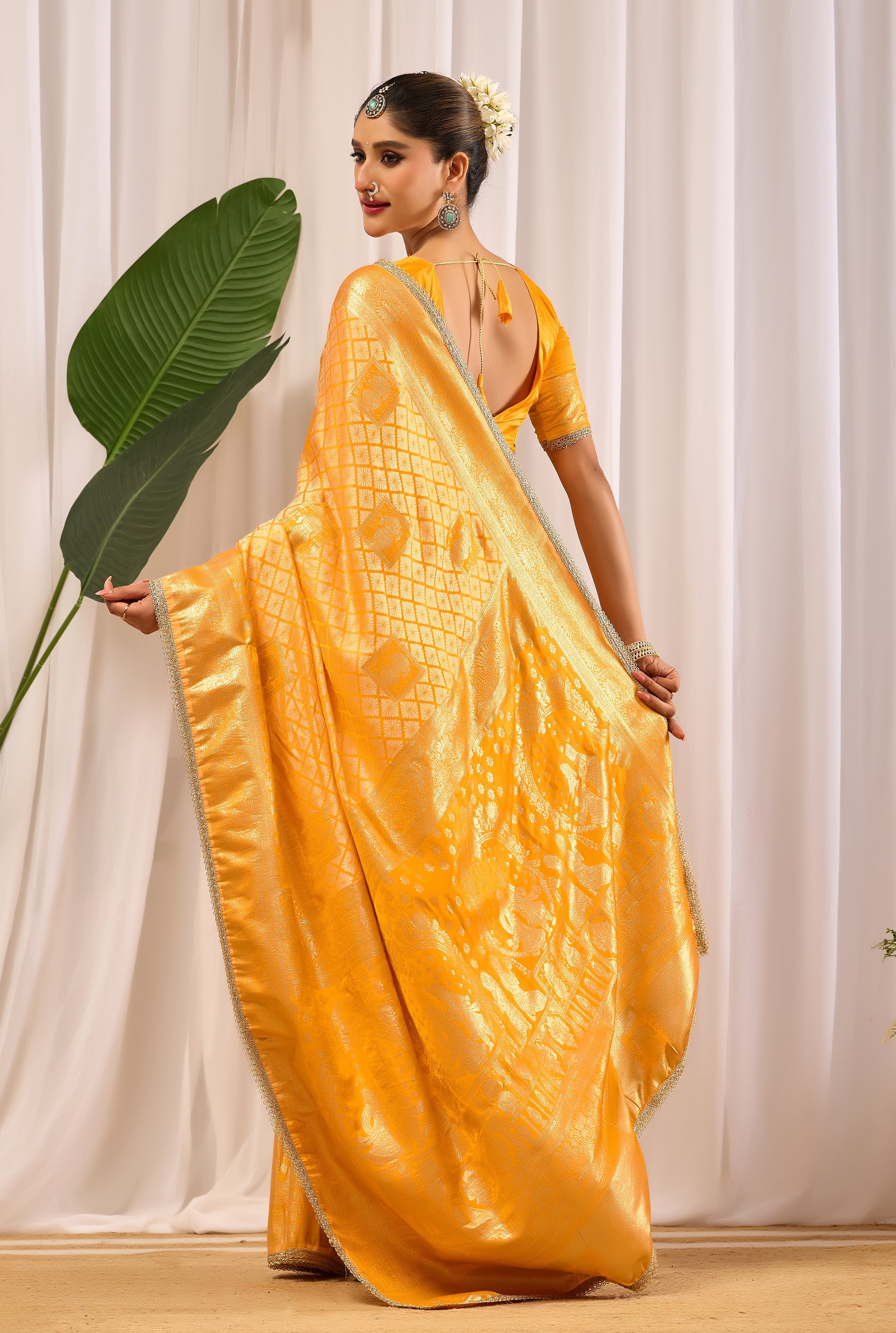 Golden Marigold Satin Silk by Icultuer with Subtle Zari Check Weave