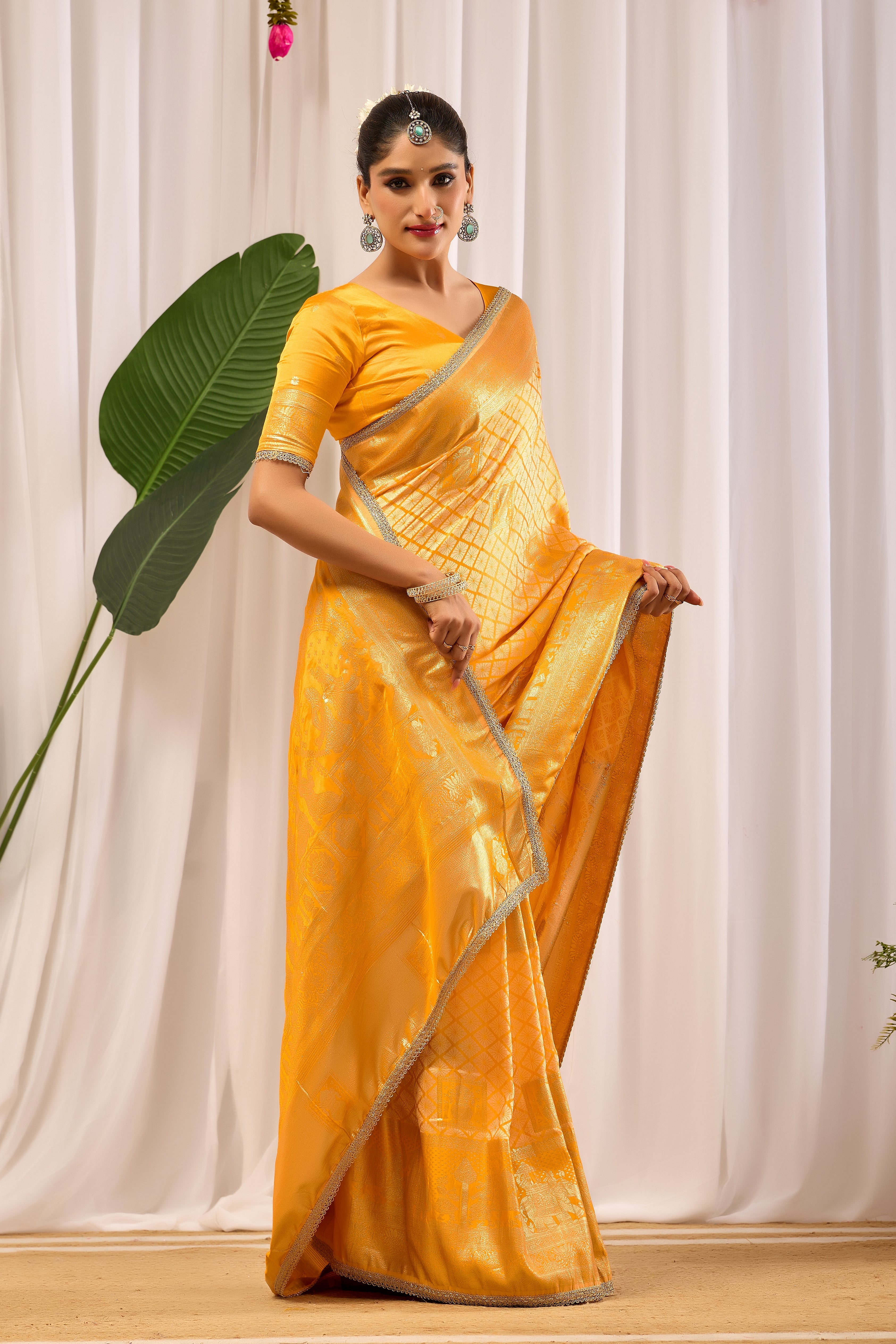 Golden Marigold Satin Silk by Icultuer with Subtle Zari Check Weave