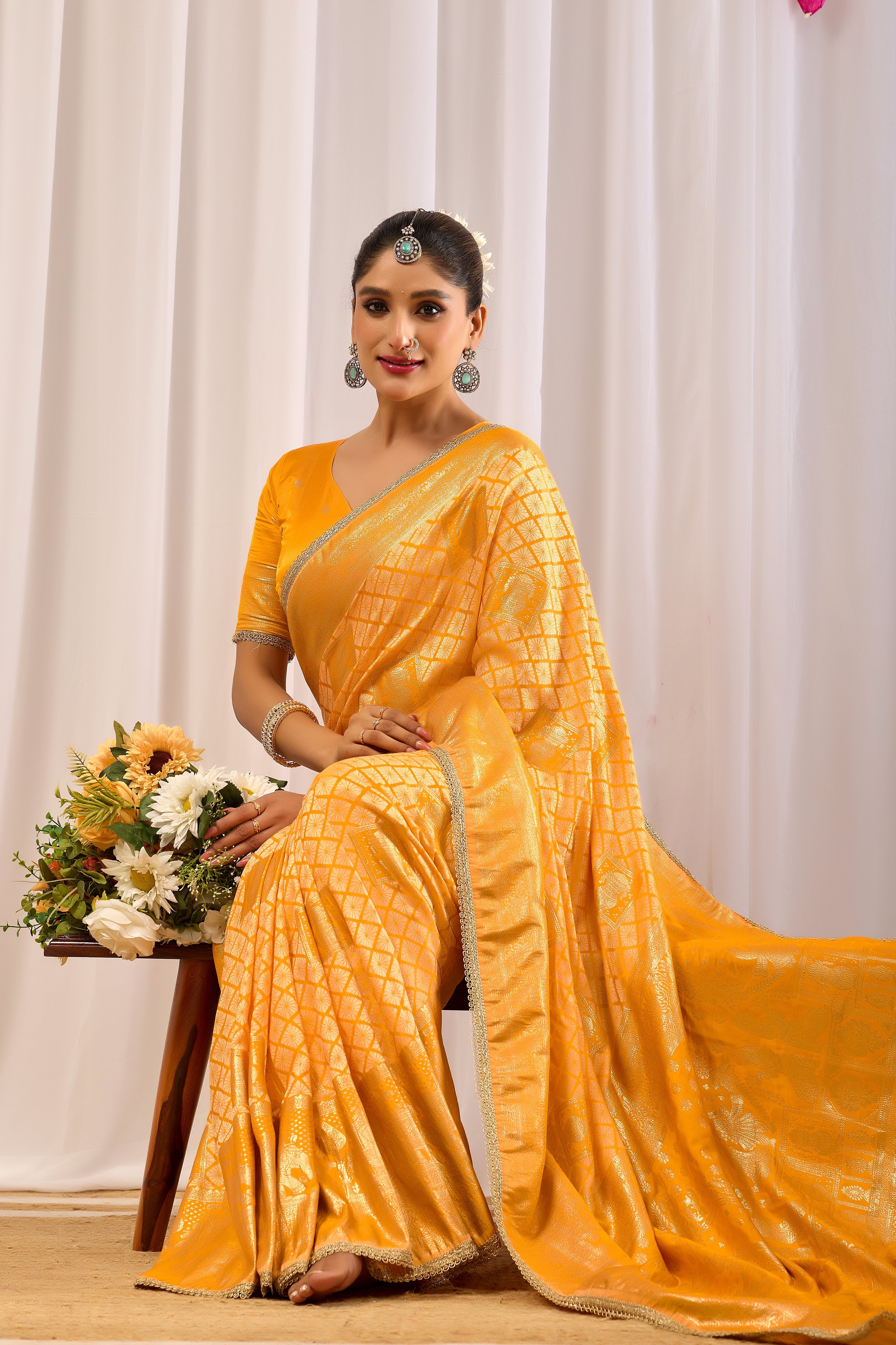 Golden Marigold Satin Silk by Icultuer with Subtle Zari Check Weave