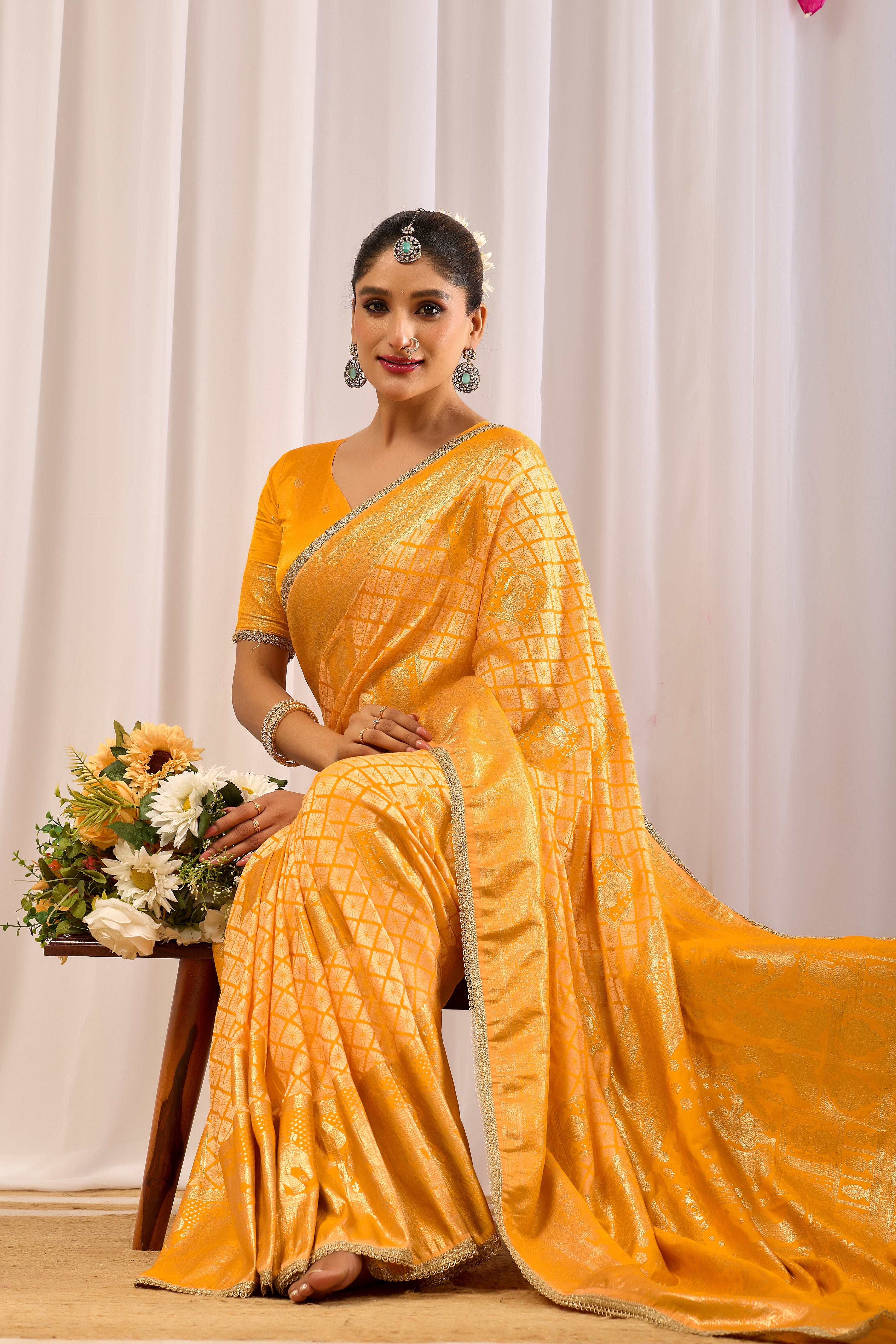 Golden Marigold Satin Silk Saree with Subtle Zari Check Weave