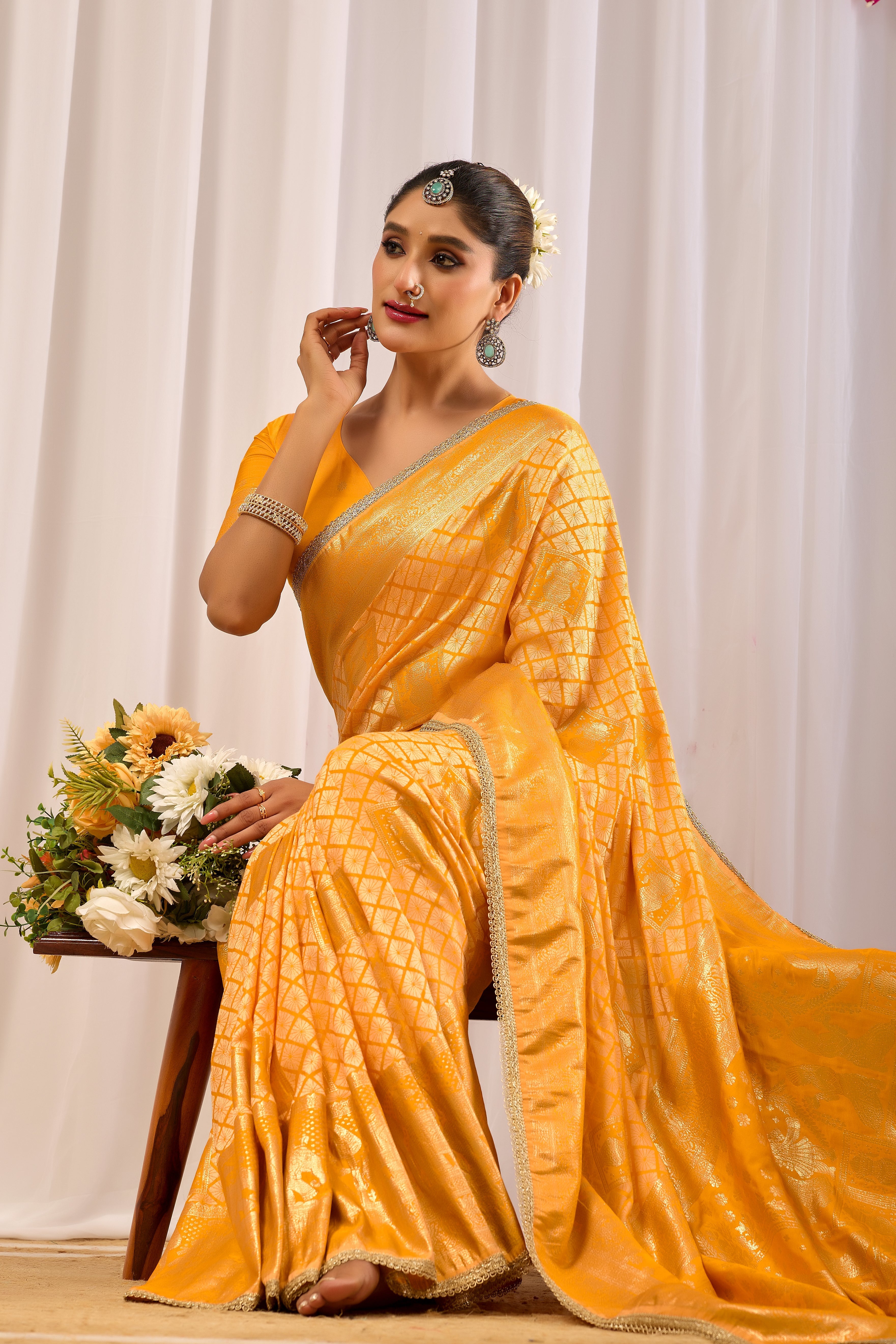 Golden Marigold Satin Silk by Icultuer with Subtle Zari Check Weave