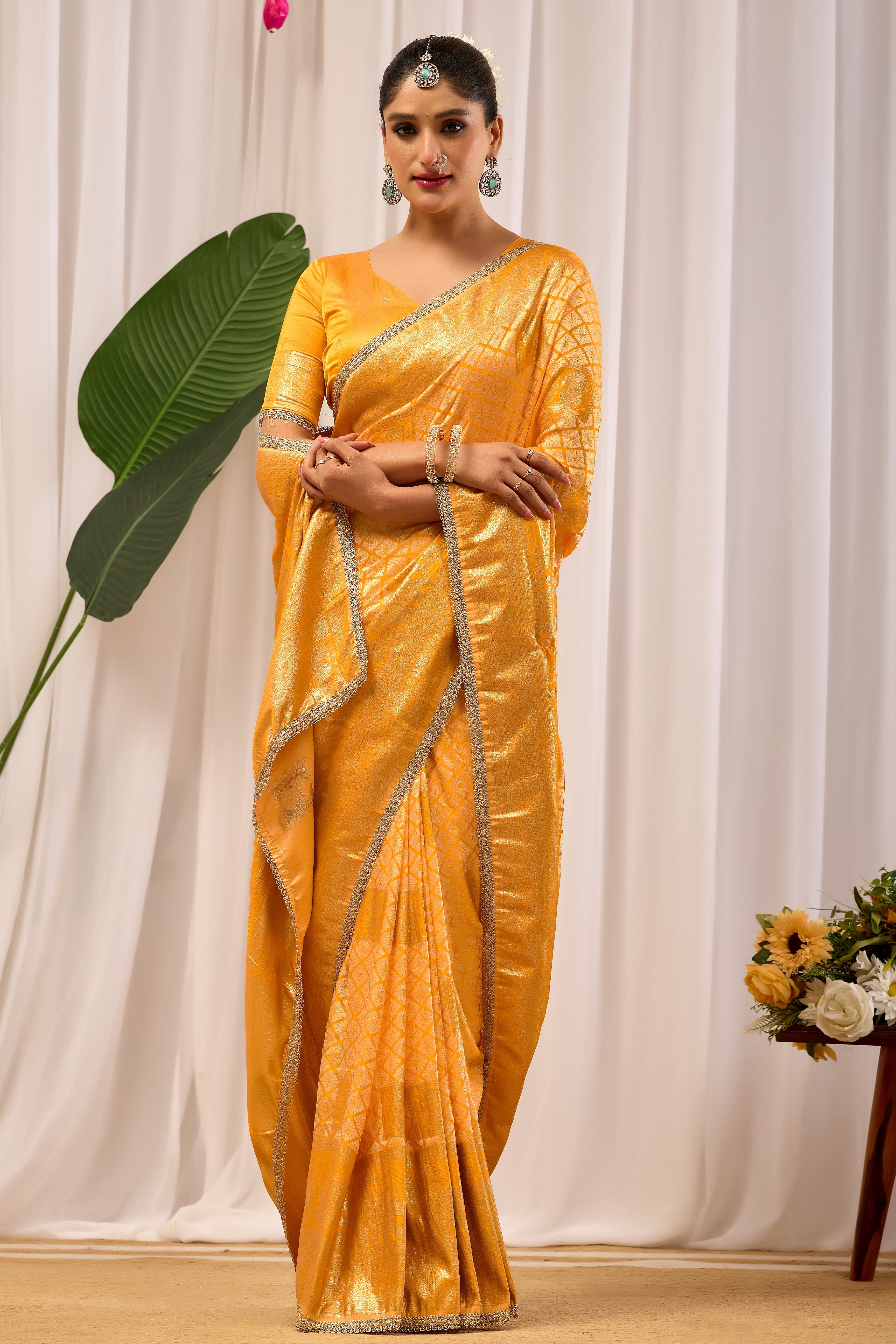 Golden Marigold Satin Silk by Icultuer with Subtle Zari Check Weave