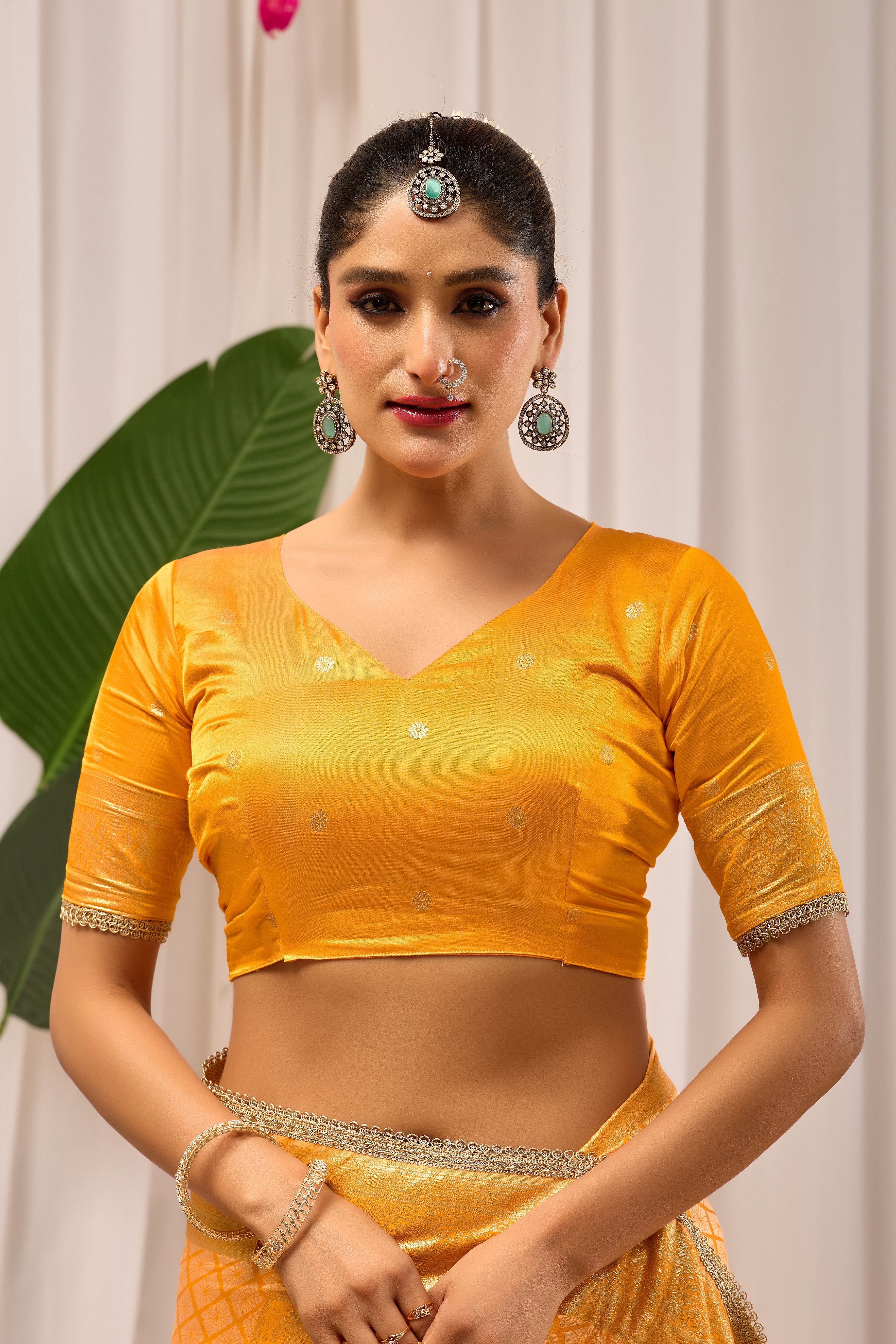 Golden Marigold Satin Silk by Icultuer with Subtle Zari Check Weave