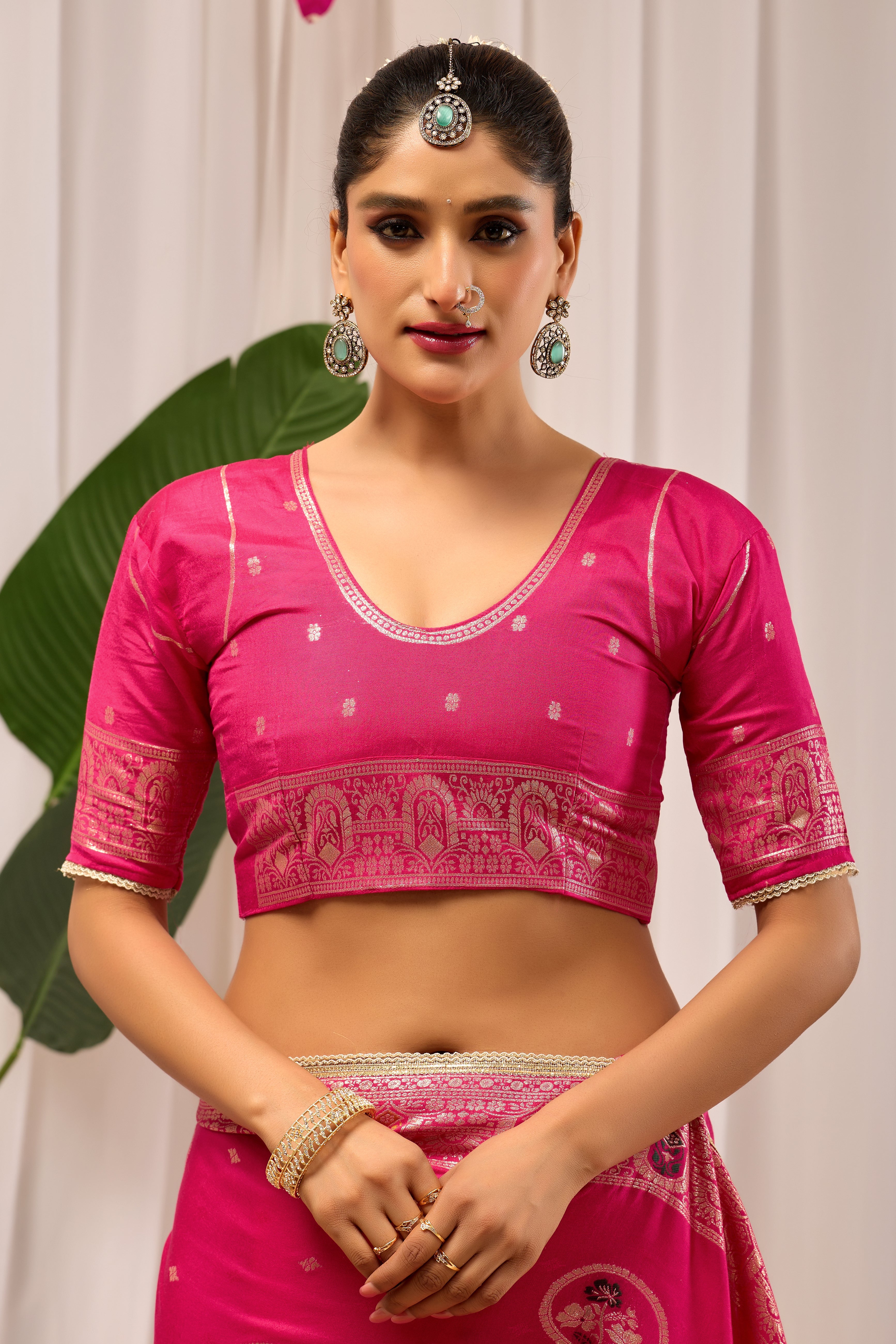 Rani Gulab Pink Satin Silk Saree with Intricate Gold Zari Motifs