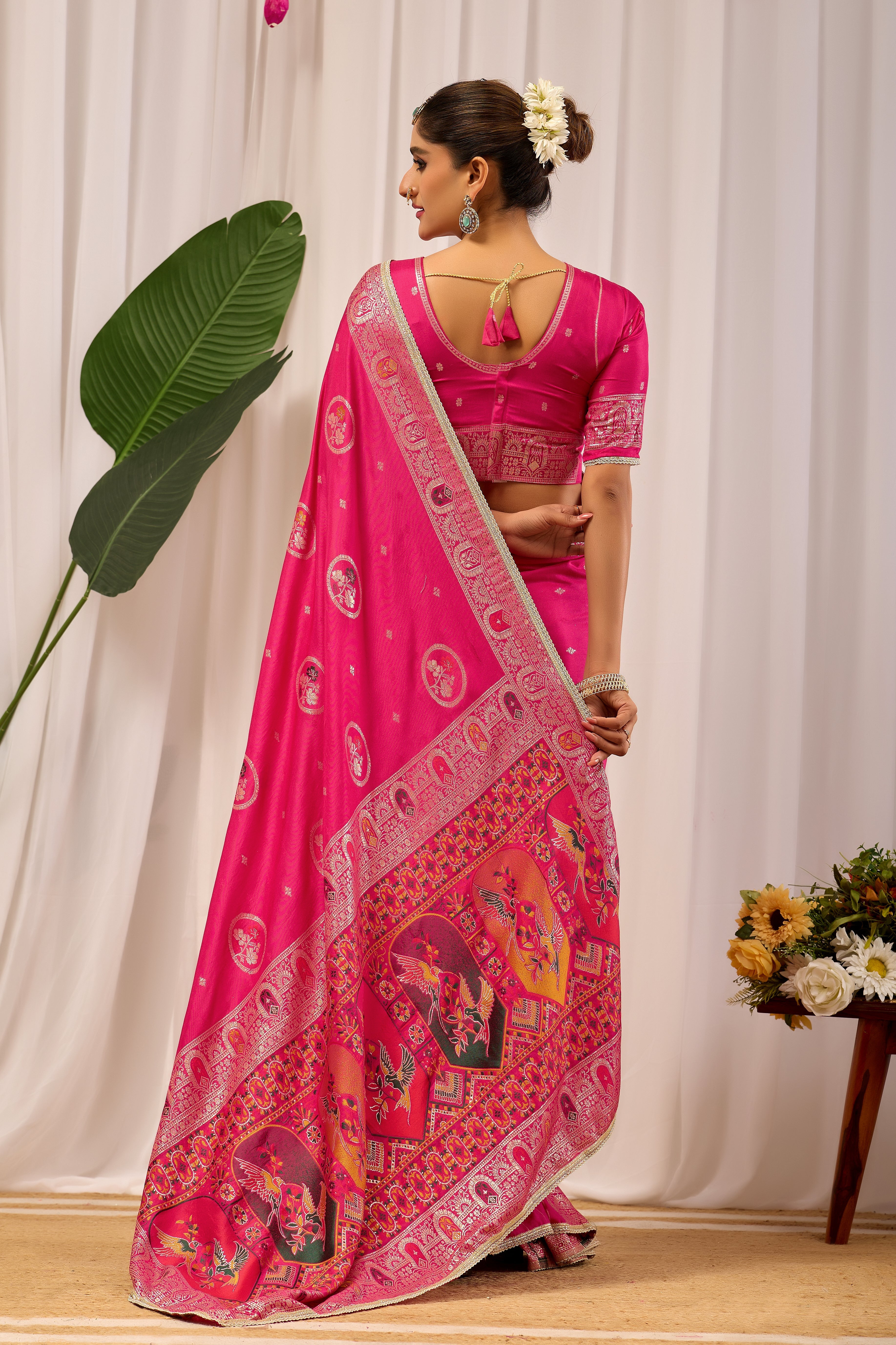 Rani Gulab Pink Satin Silk by Icultuer with Intricate Gold Zari Motifs