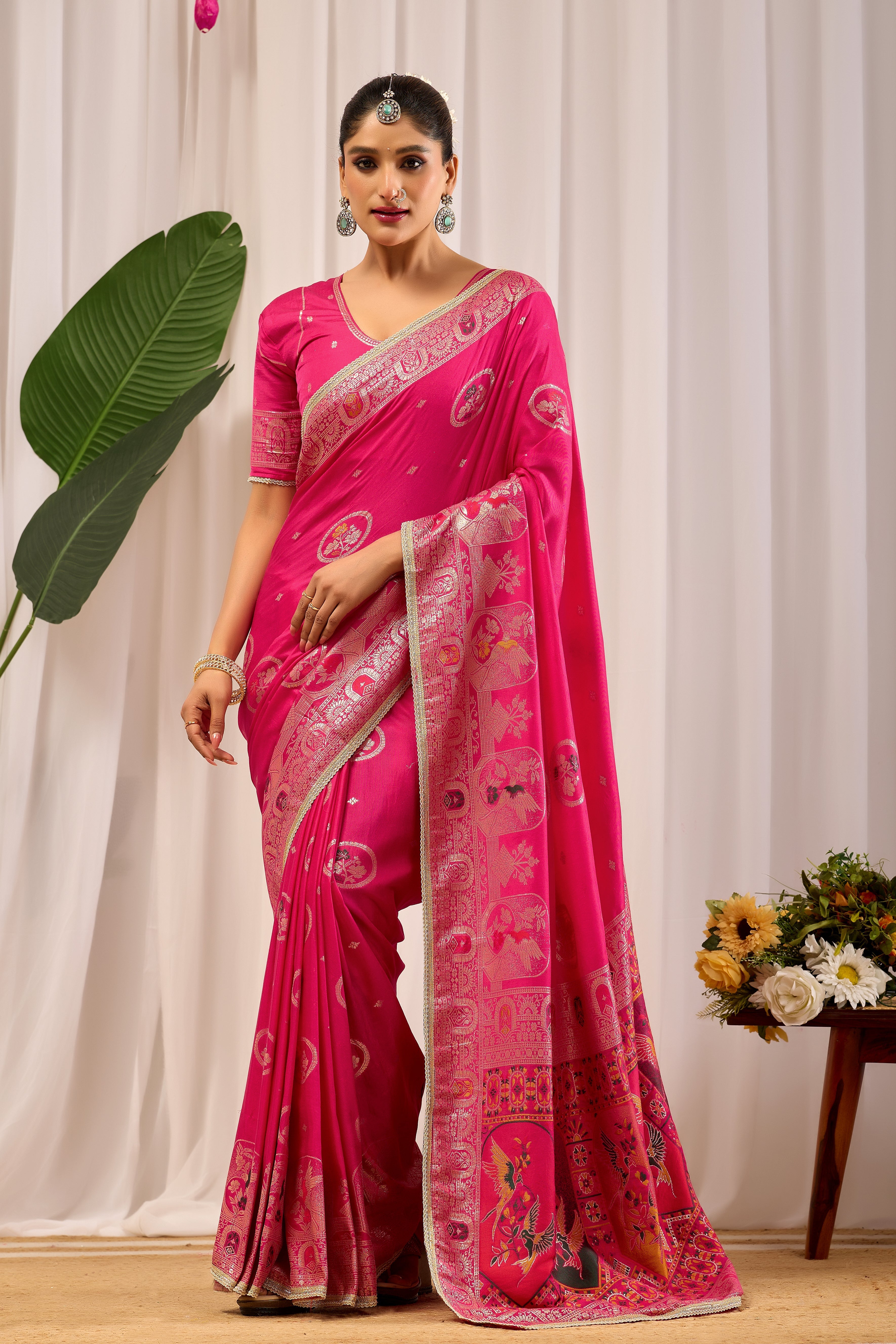 Rani Gulab Pink Satin Silk by Icultuer with Intricate Gold Zari Motifs
