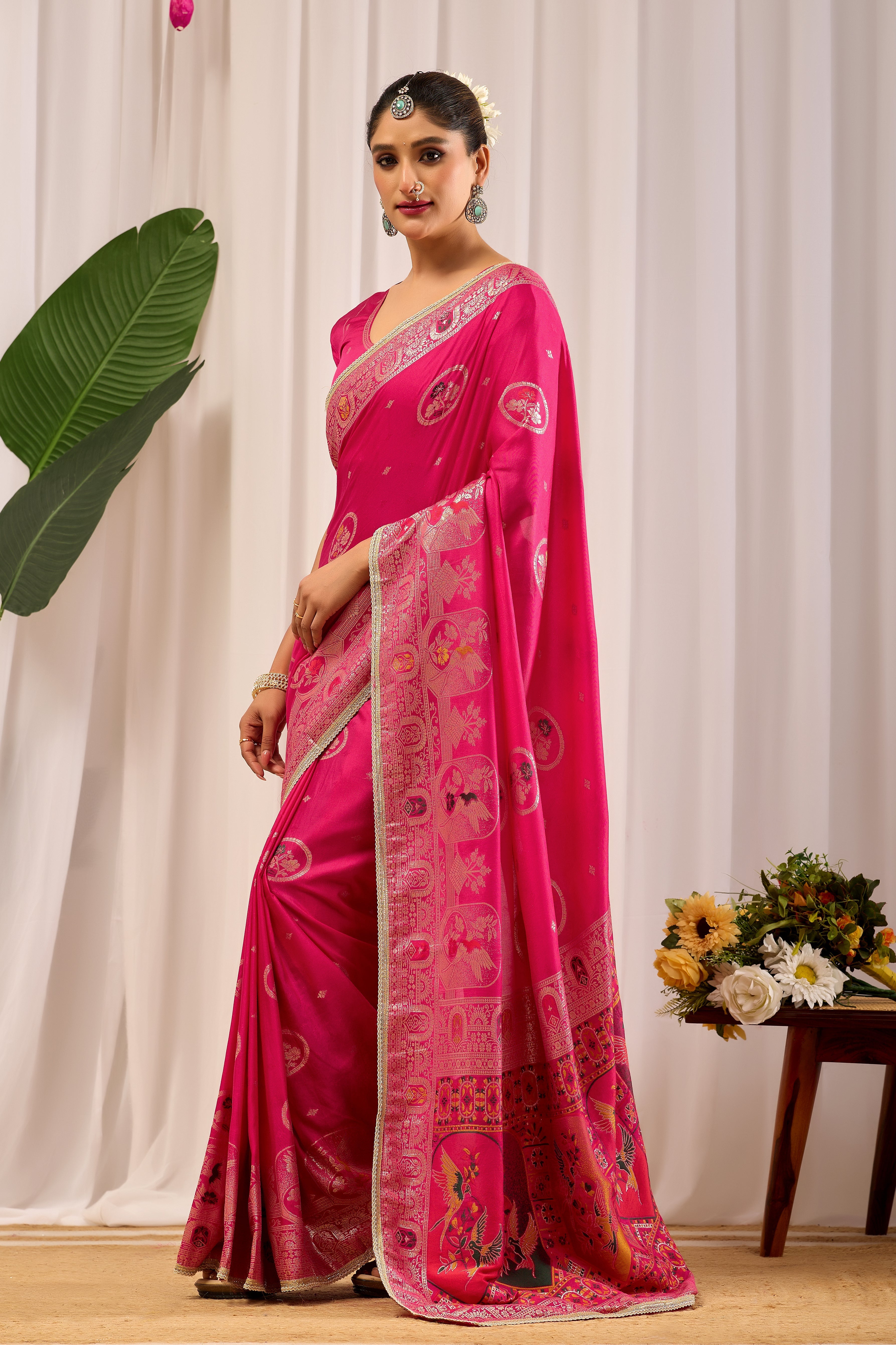 Rani Gulab Pink Satin Silk by Icultuer with Intricate Gold Zari Motifs