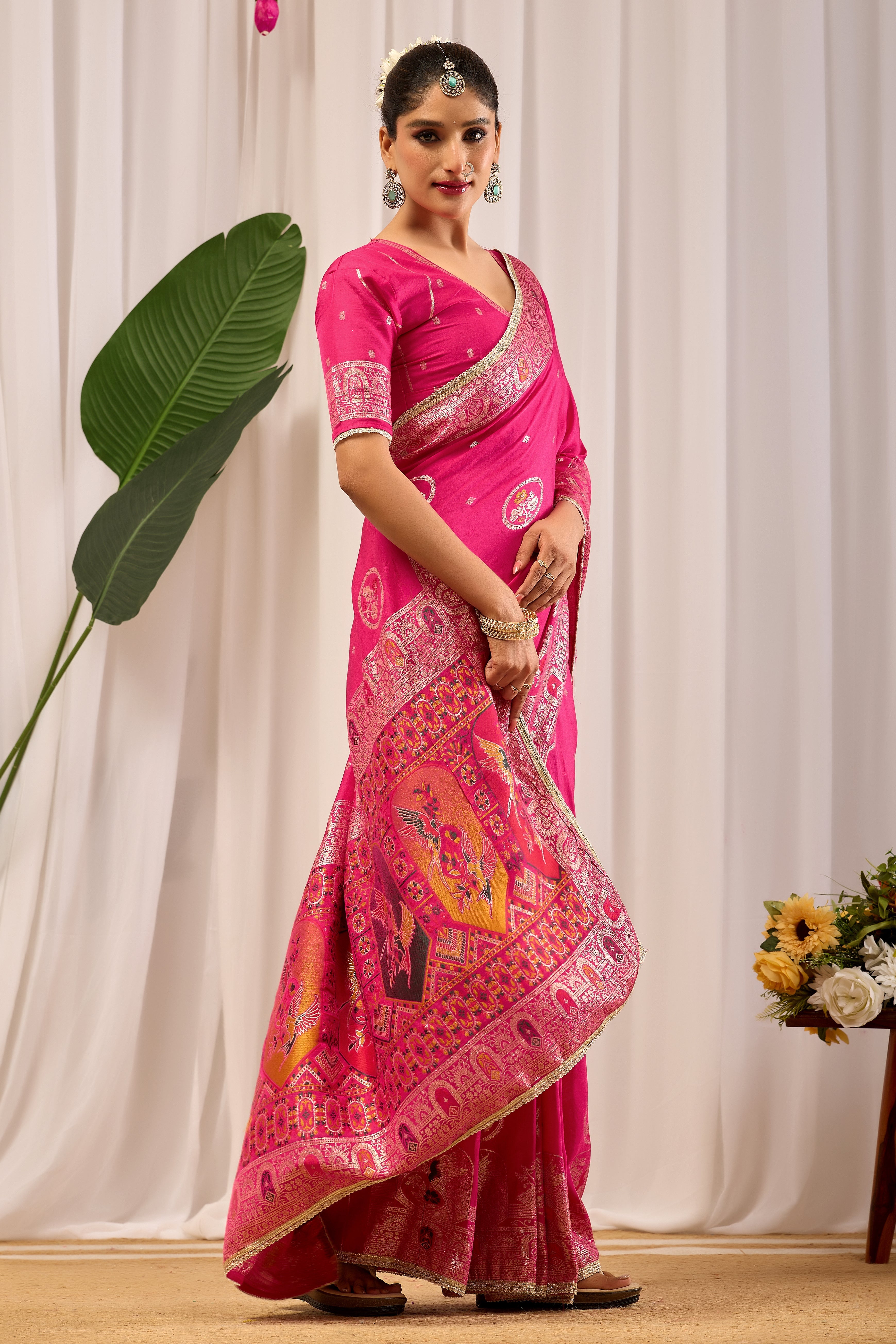 Rani Gulab Pink Satin Silk by Icultuer with Intricate Gold Zari Motifs