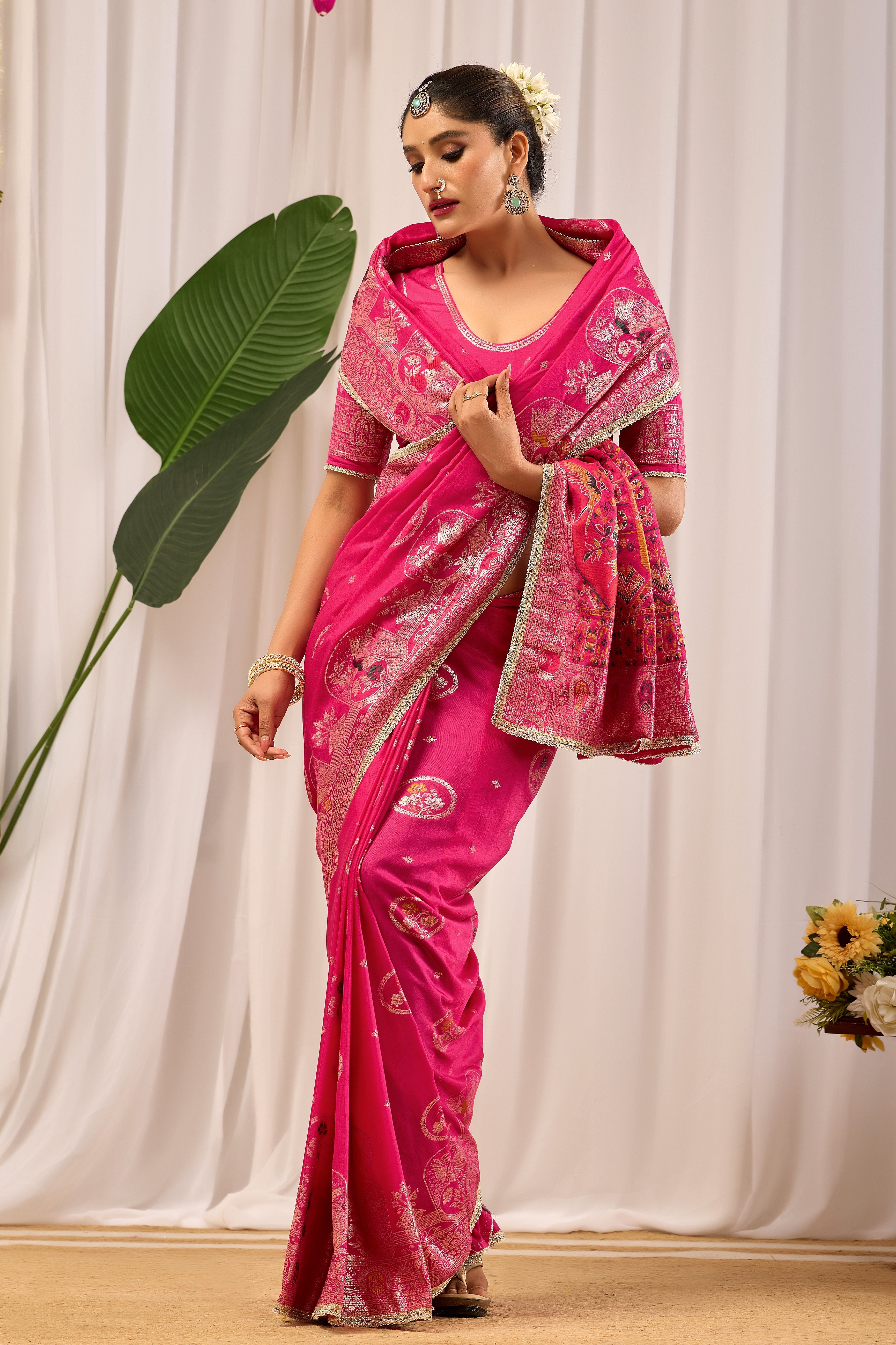 Rani Gulab Pink Satin Silk by Icultuer with Intricate Gold Zari Motifs