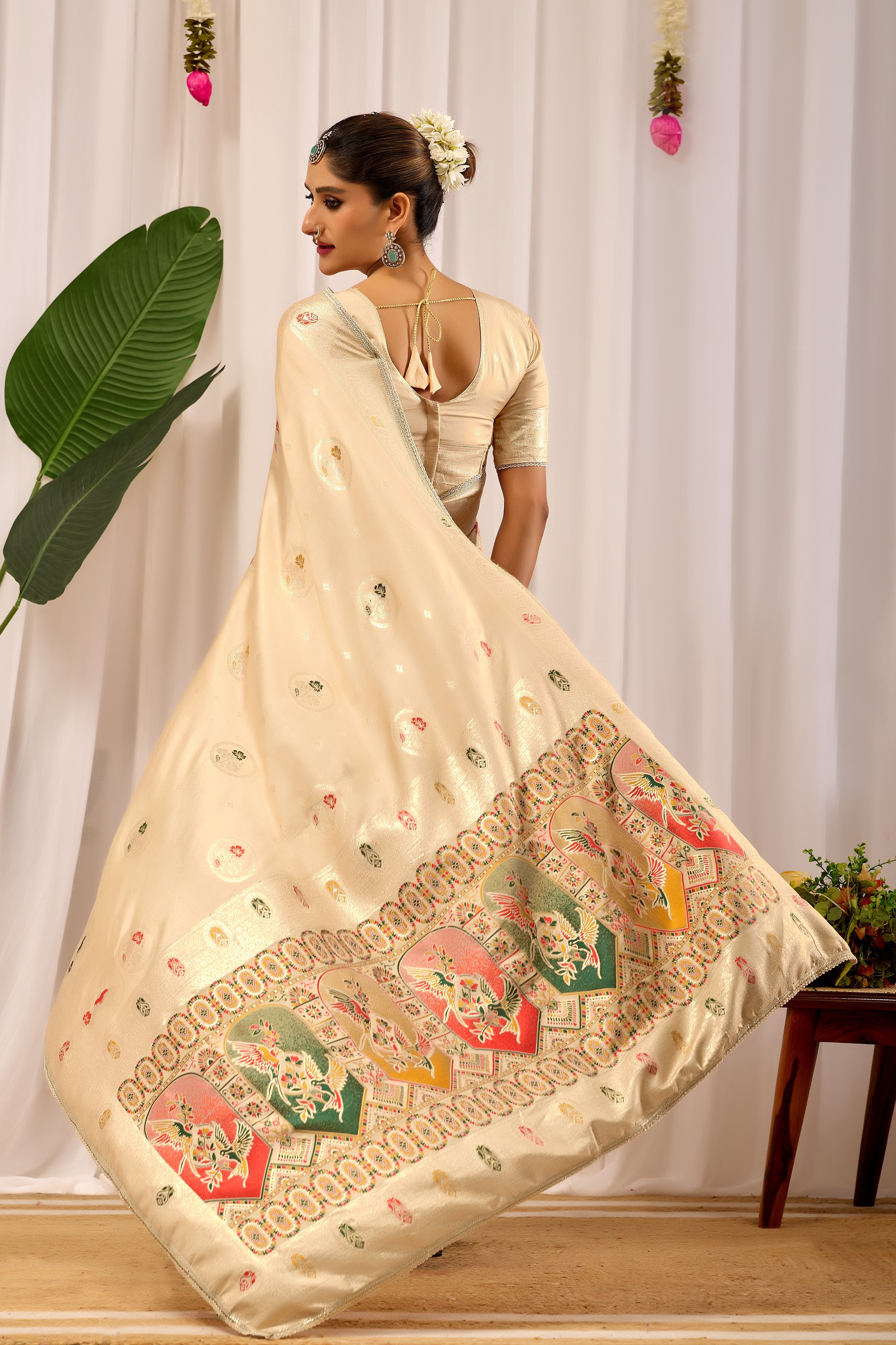 Ivory Sand Satin Silk by Icultuer with Multicolor Heritage Motif Pallu