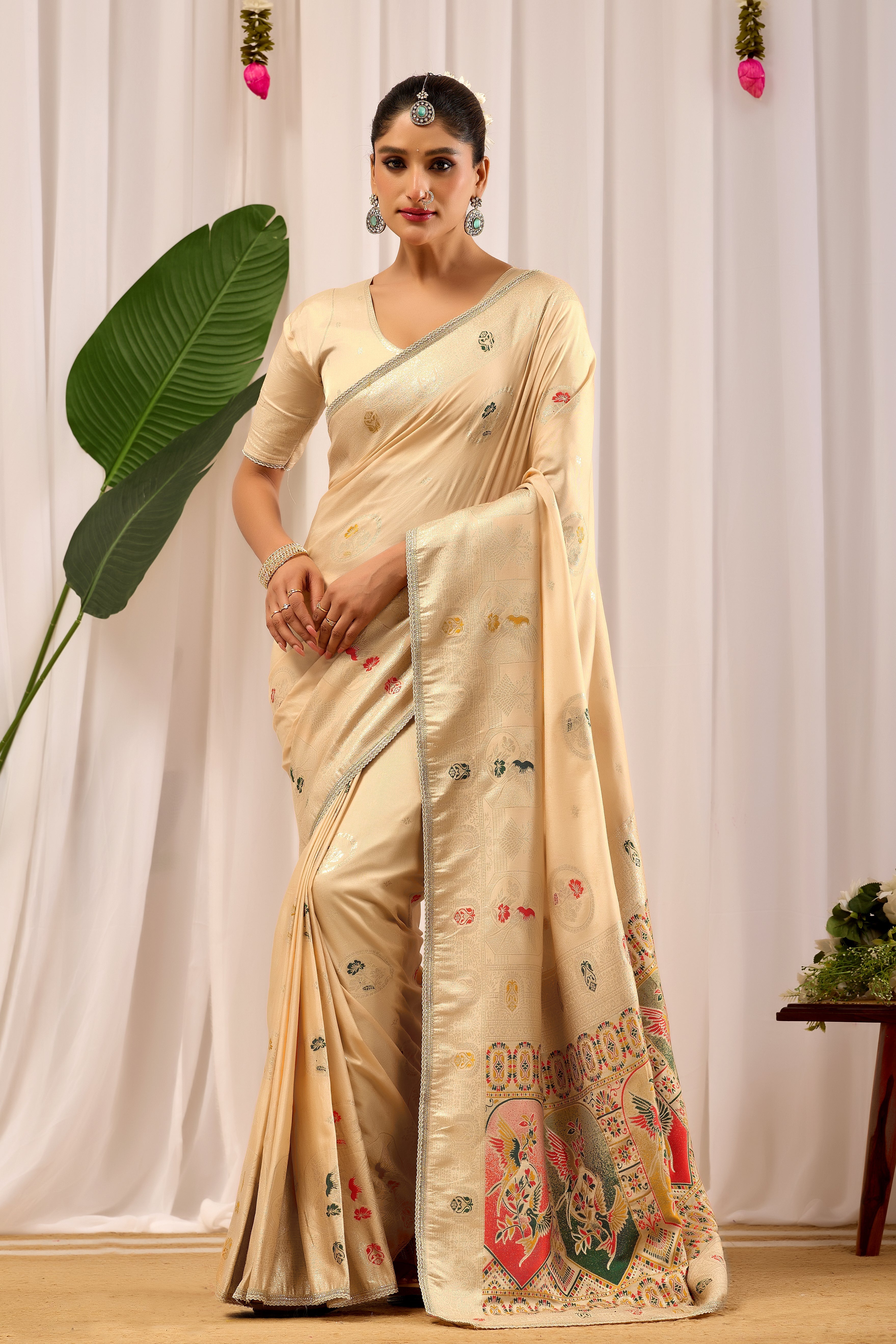 Ivory Sand Satin Silk by Icultuer with Multicolor Heritage Motif Pallu