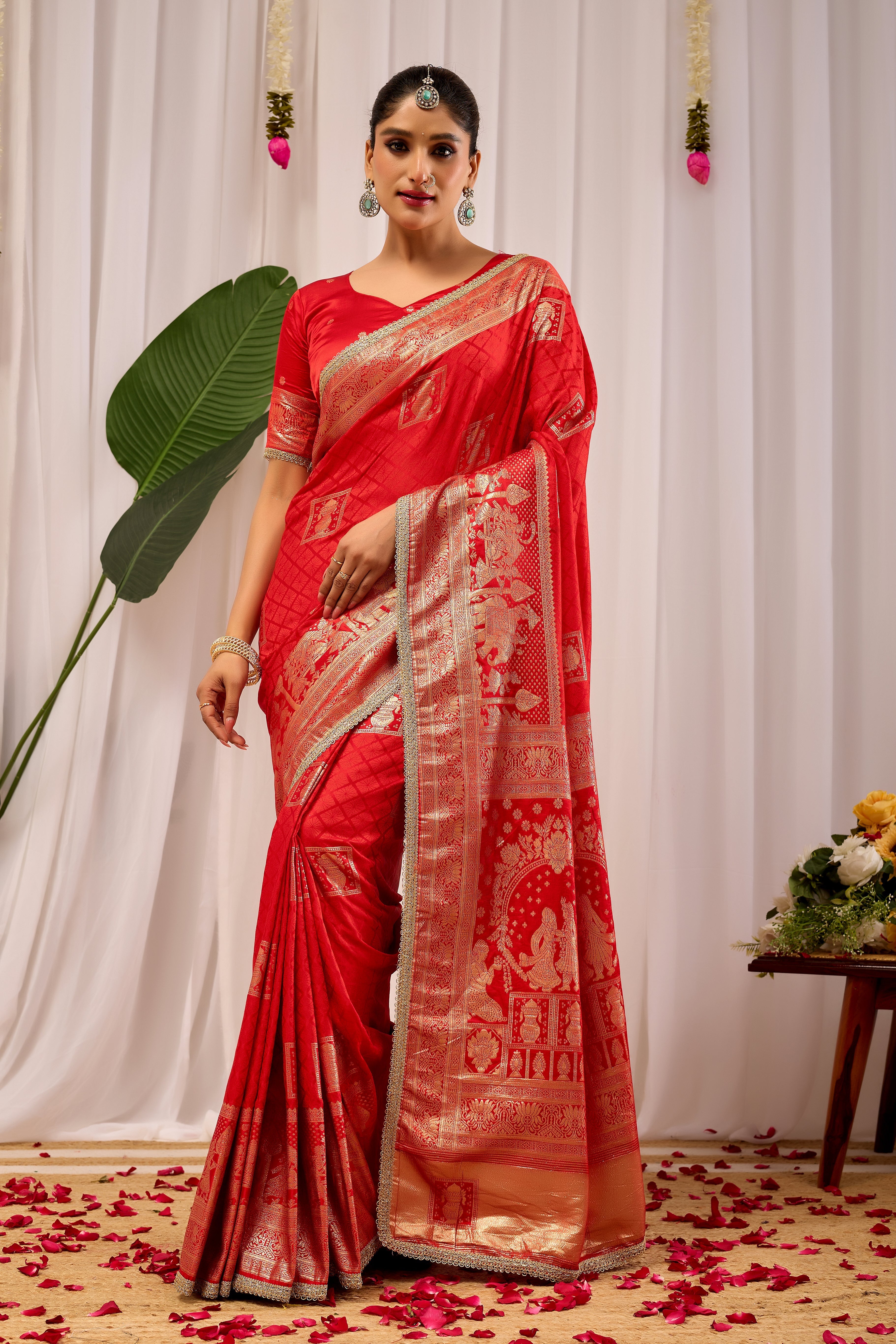 Heritage Charm Sindoor Red Satin Silk by Icultuer with Grand Zari Motifs