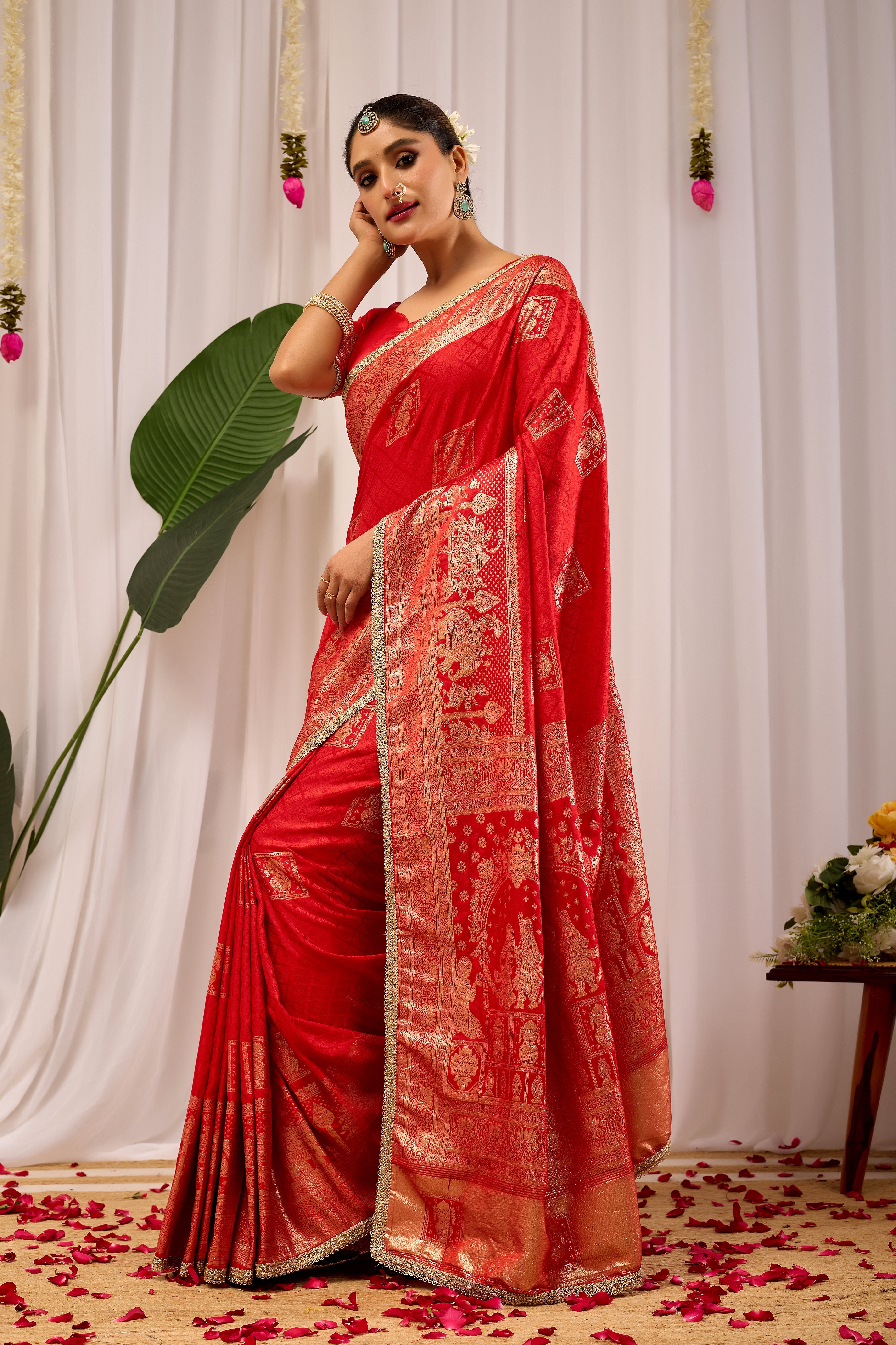 Heritage Charm Sindoor Red Satin Silk Saree with Grand Zari Motifs