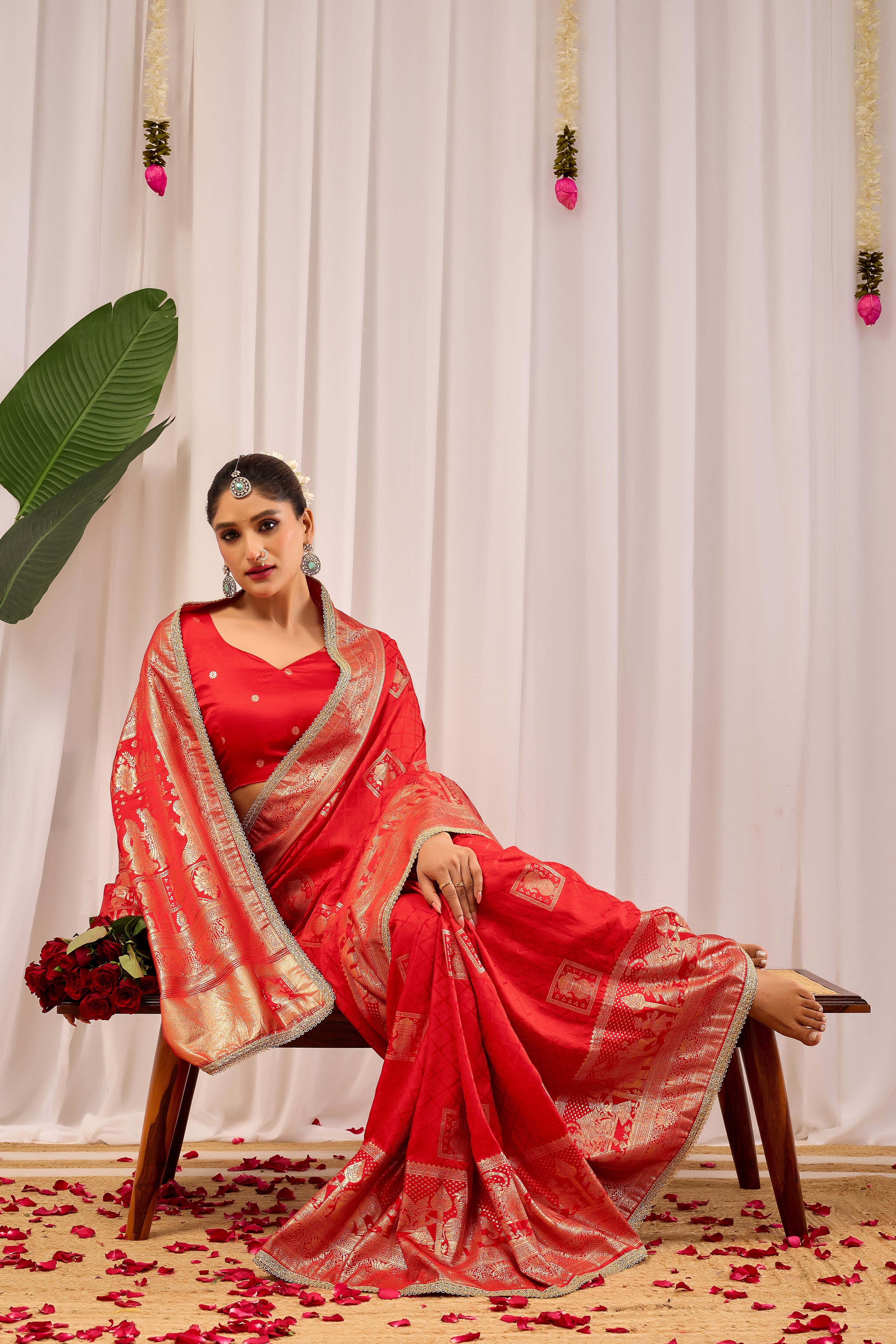 Heritage Charm Sindoor Red Satin Silk Saree with Grand Zari Motifs
