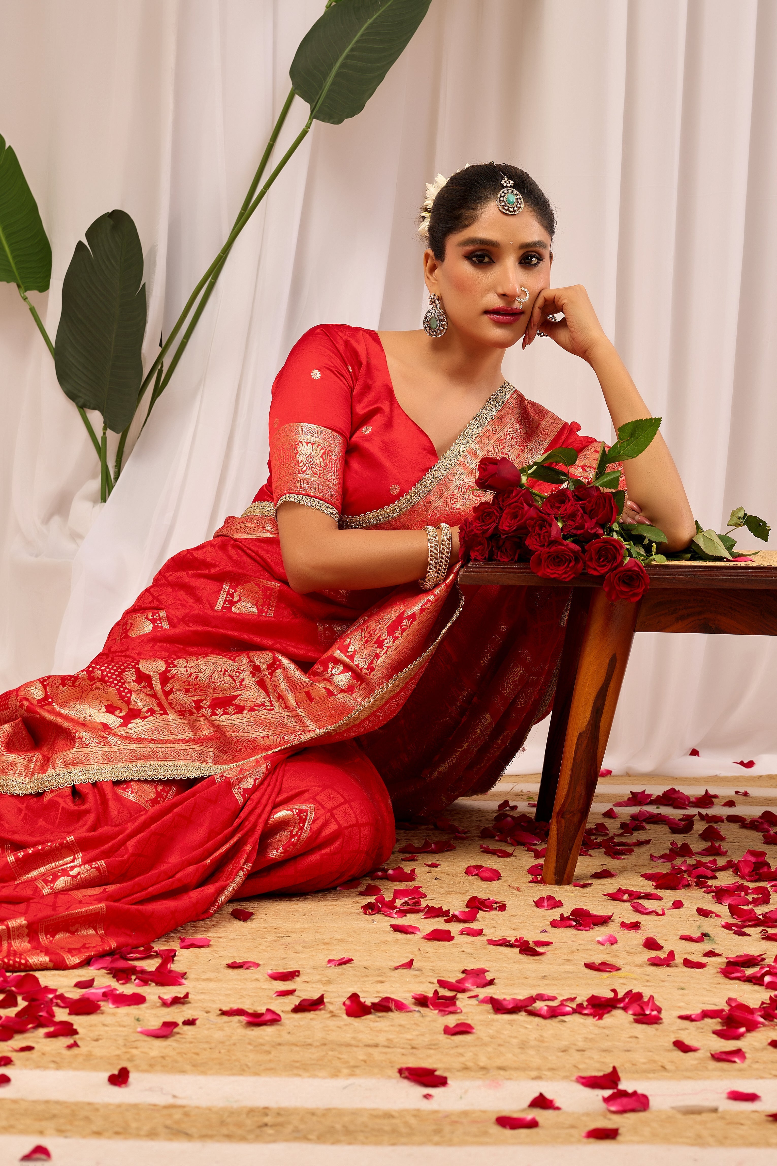 Heritage Charm Sindoor Red Satin Silk by Icultuer with Grand Zari Motifs