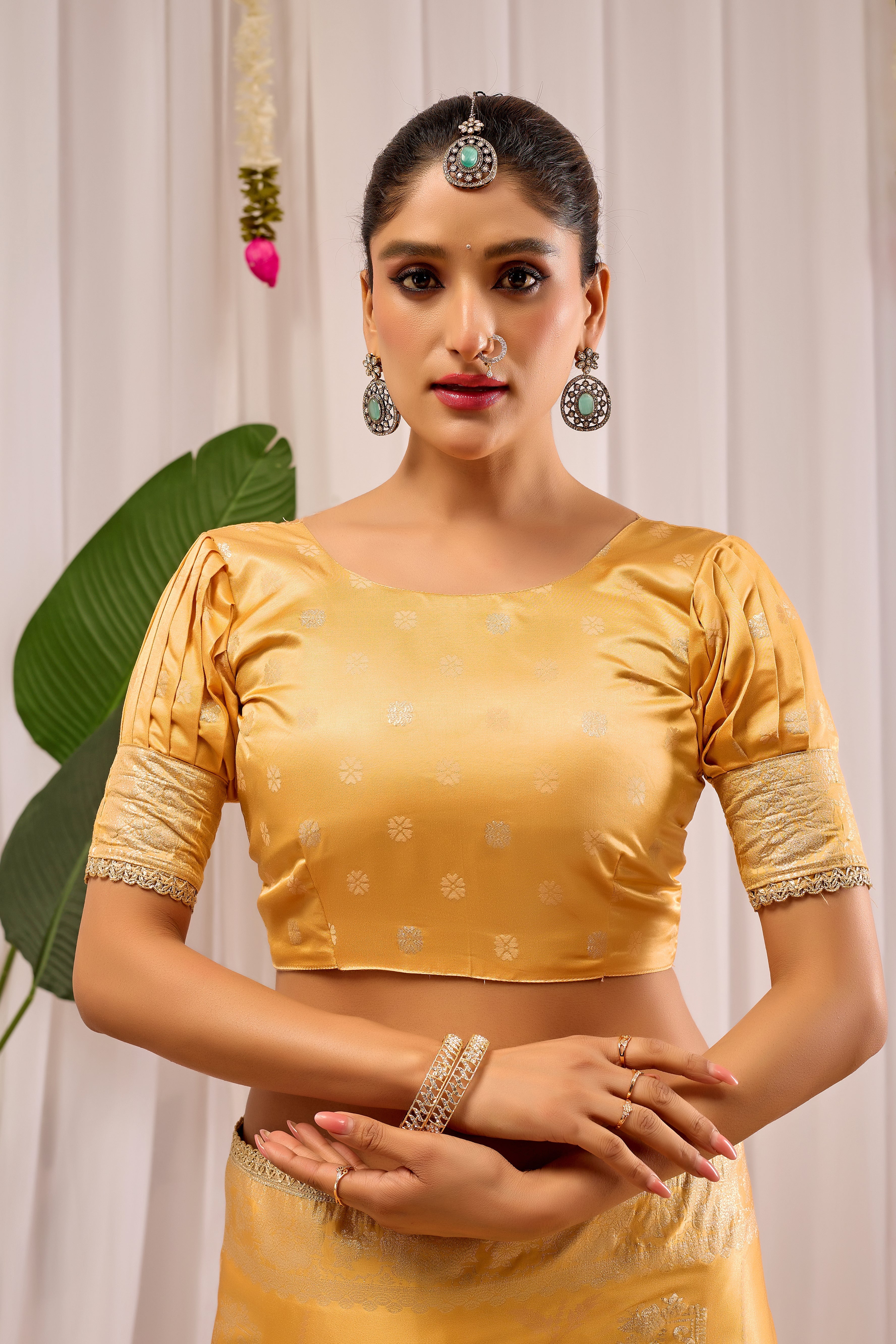 Golden Amber Heritage Satin Silk by Icultuer with Subtle Zari Elegance