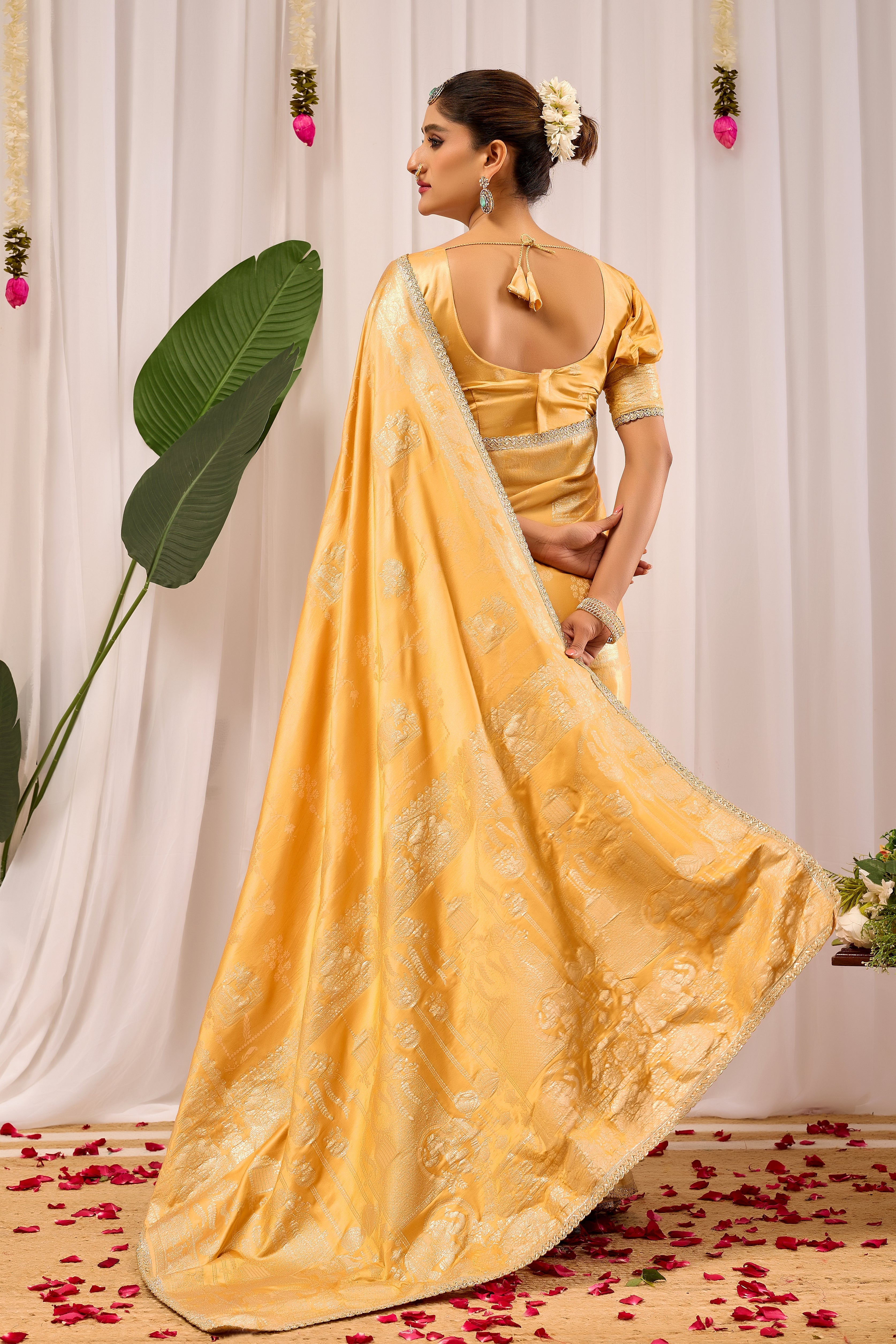 Golden Amber Heritage Satin Silk by Icultuer with Subtle Zari Elegance