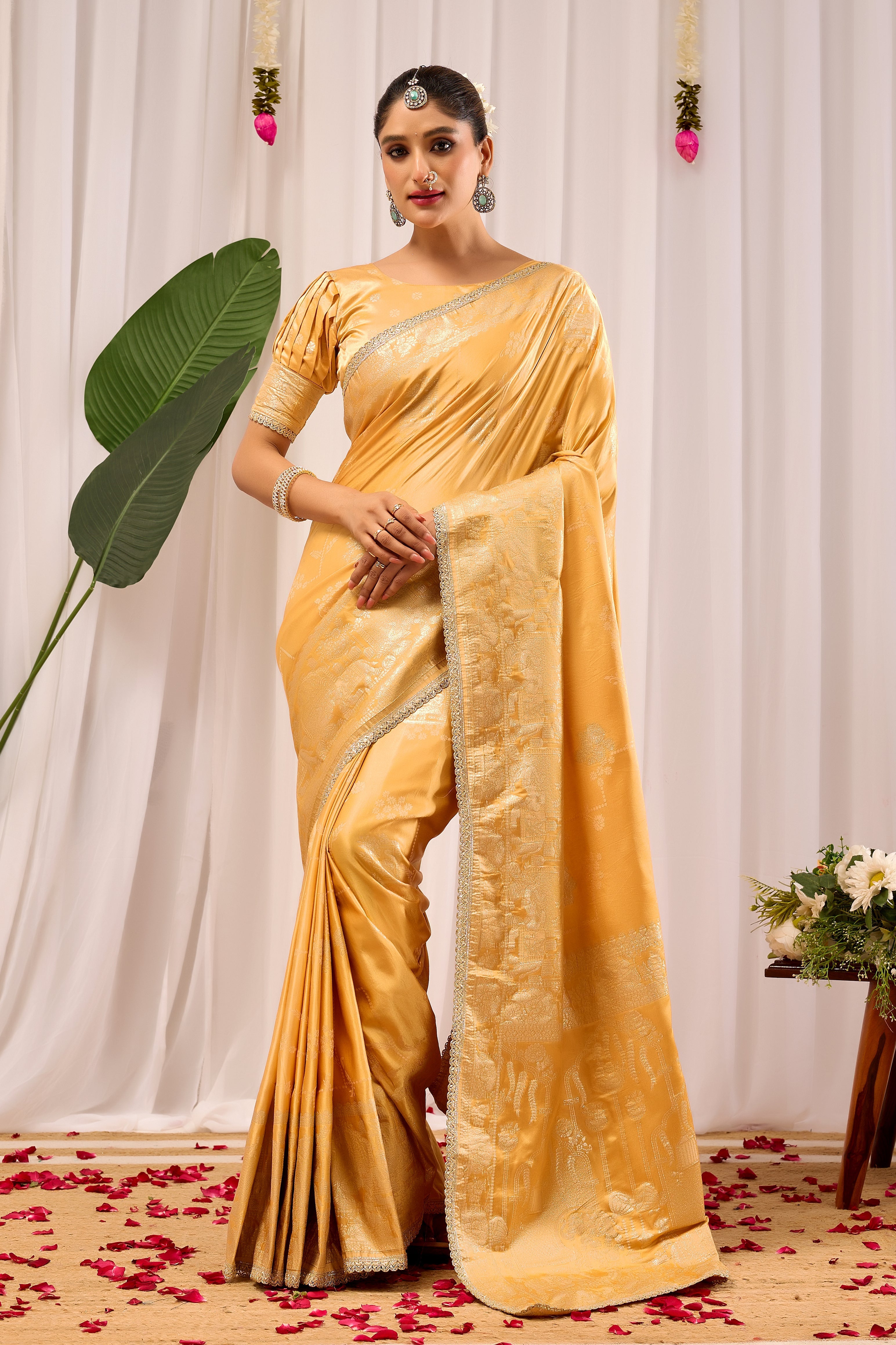 Golden Amber Heritage Satin Silk by Icultuer with Subtle Zari Elegance