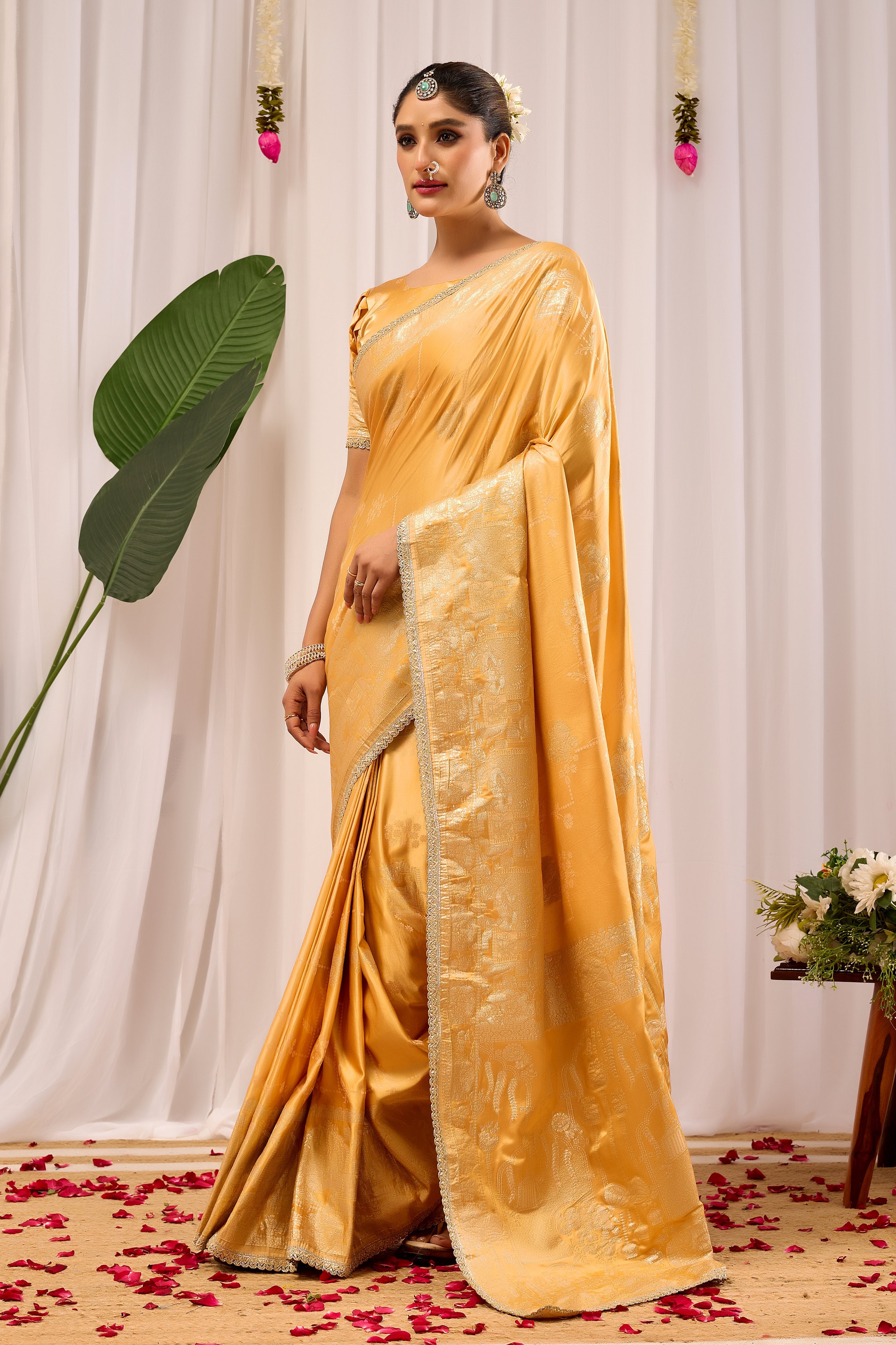 Golden Amber Heritage Satin Silk by Icultuer with Subtle Zari Elegance