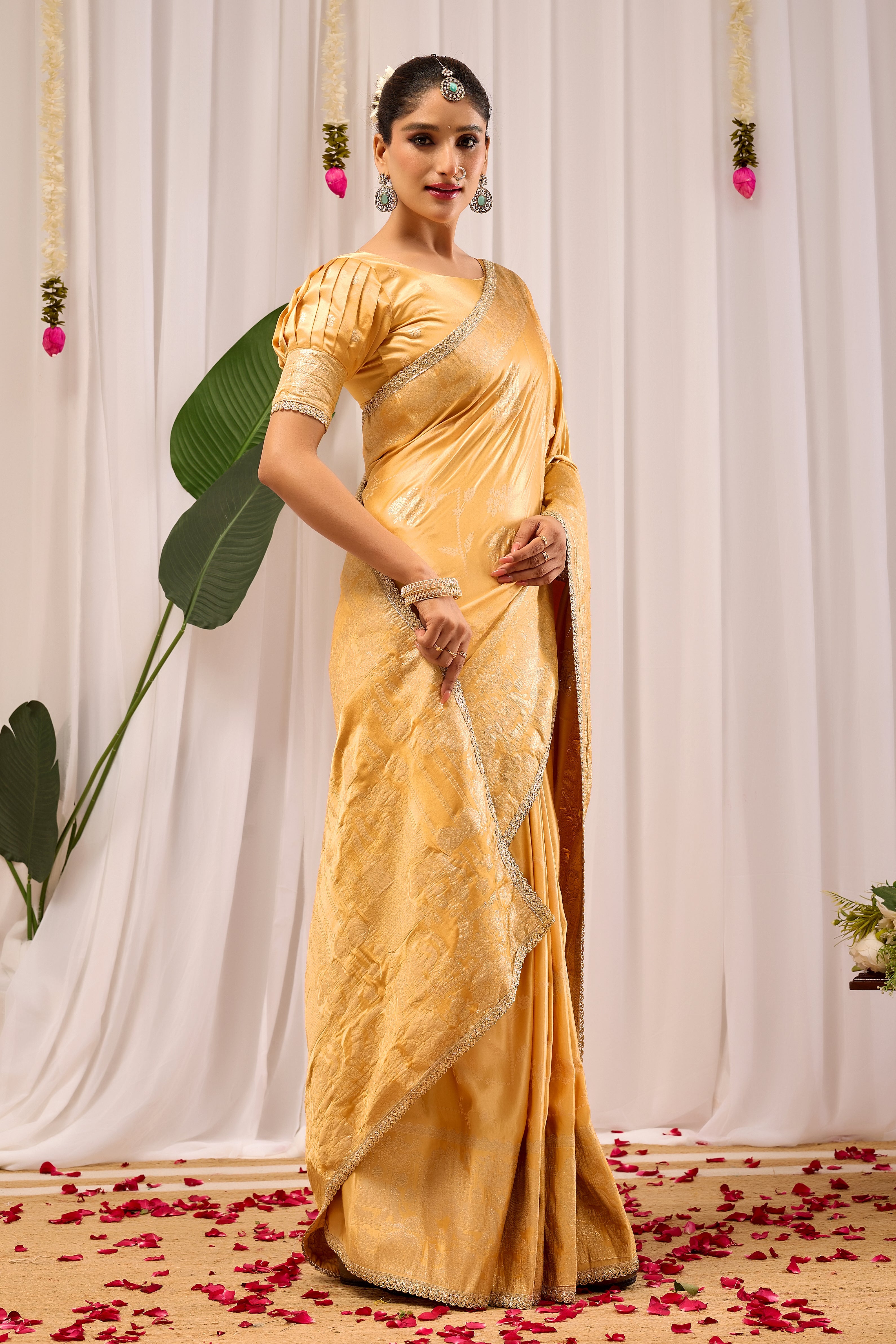 Golden Amber Heritage Satin Silk Saree with Subtle Zari Elegance