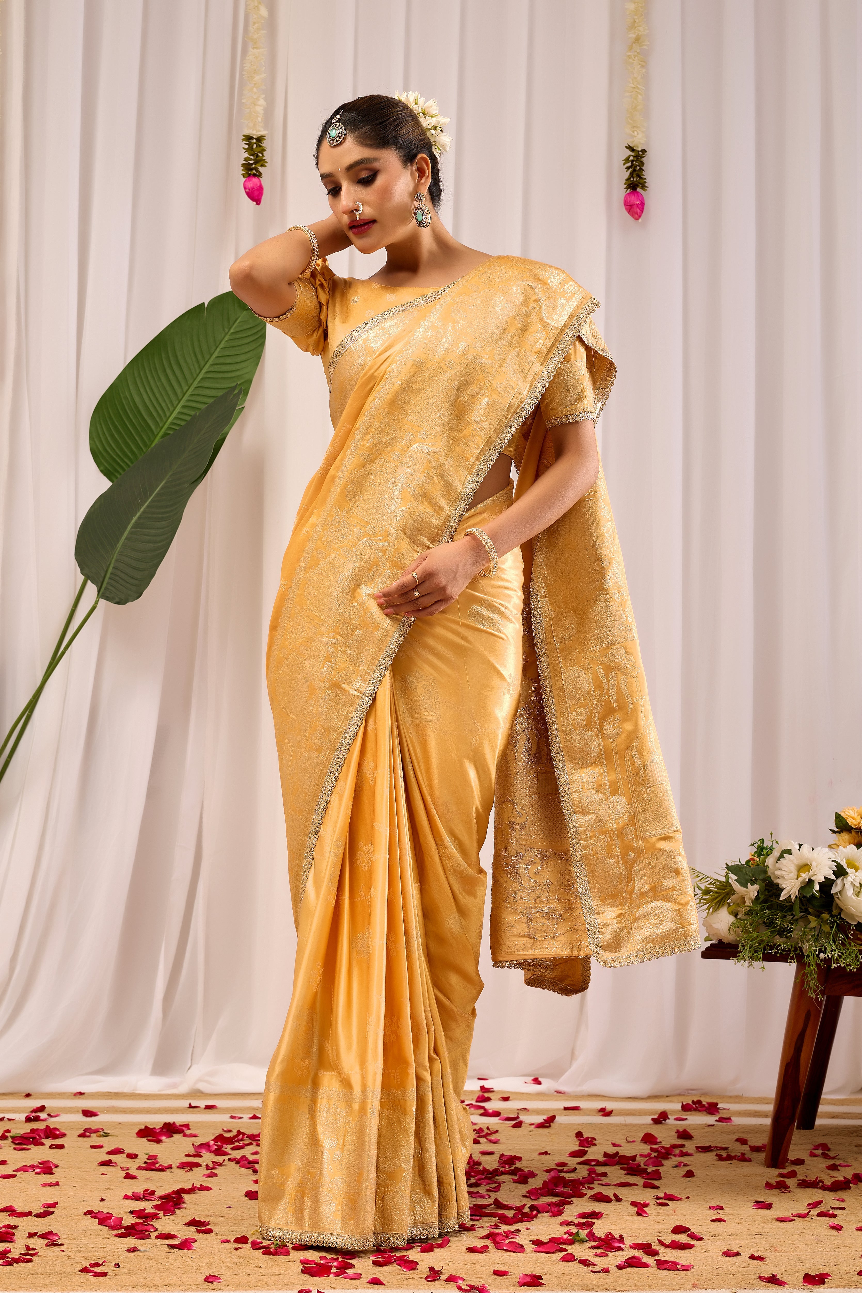 Golden Amber Heritage Satin Silk by Icultuer with Subtle Zari Elegance
