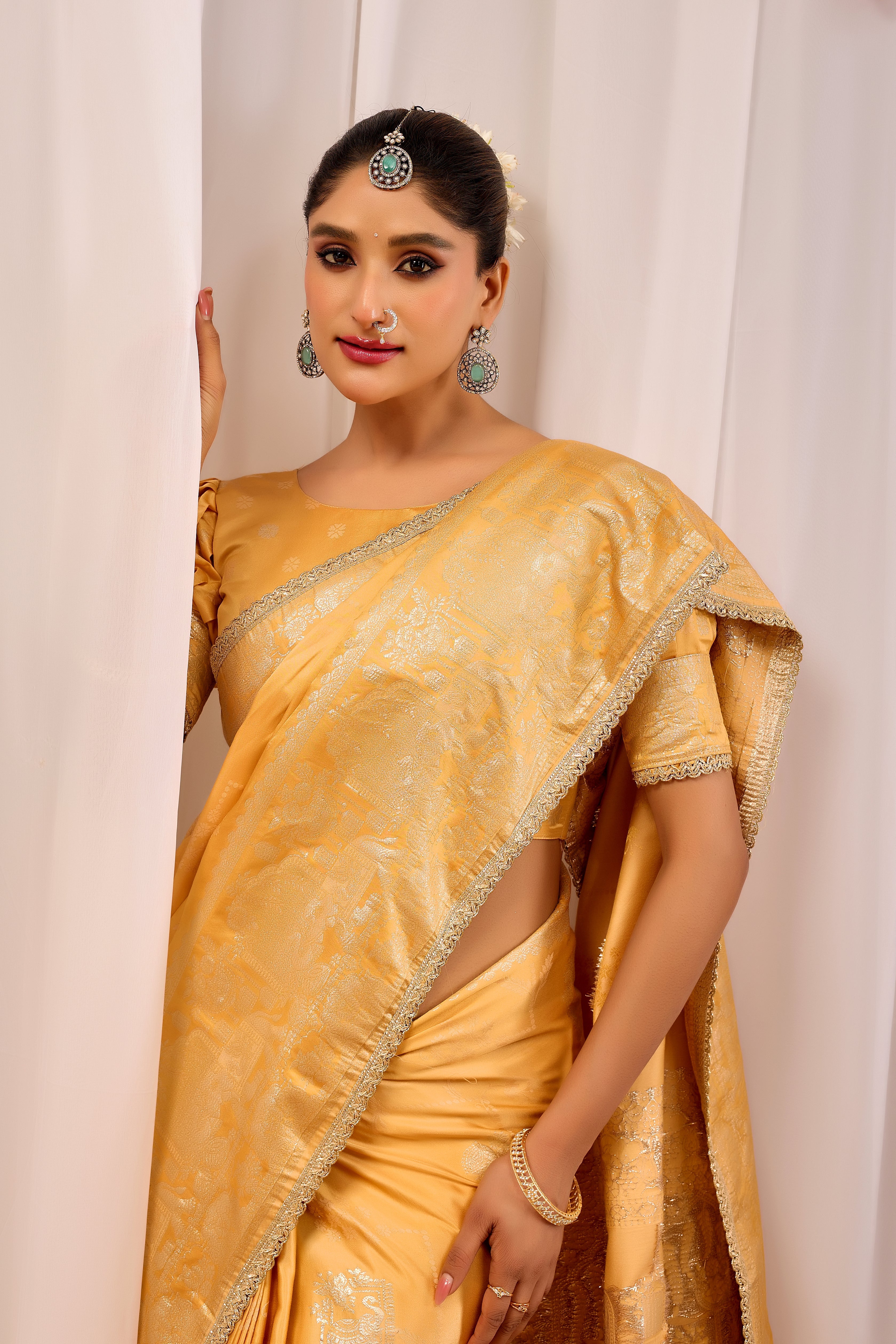 Golden Amber Heritage Satin Silk by Icultuer with Subtle Zari Elegance