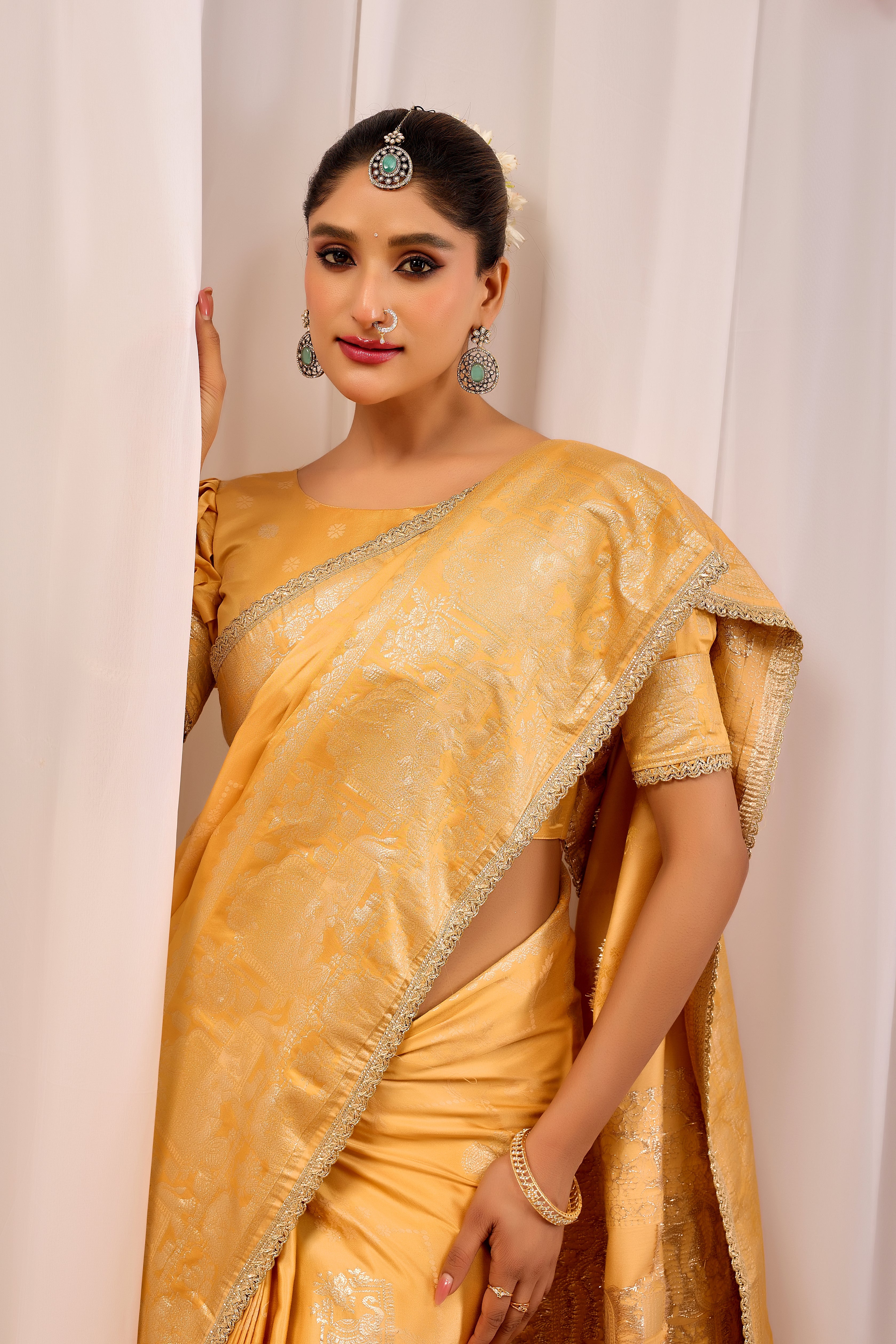 Golden Amber Heritage Satin Silk Saree with Subtle Zari Elegance